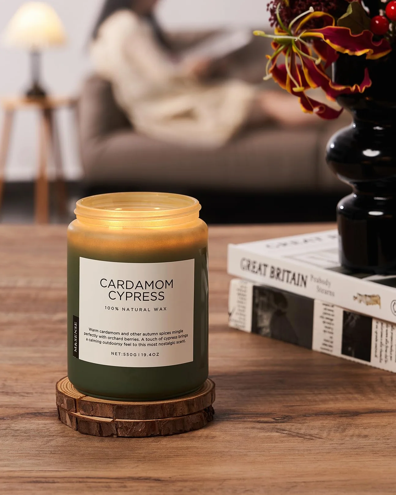 M&SENSE Kardamon & Cyprys Świeca zapachowa w szkle 2-knotowa 550g Świeca z wosku sojowego 110 godz. czasu palenia czysta nietoksyczna świeca jesienna do wystroju wnętrz CardamomCypress