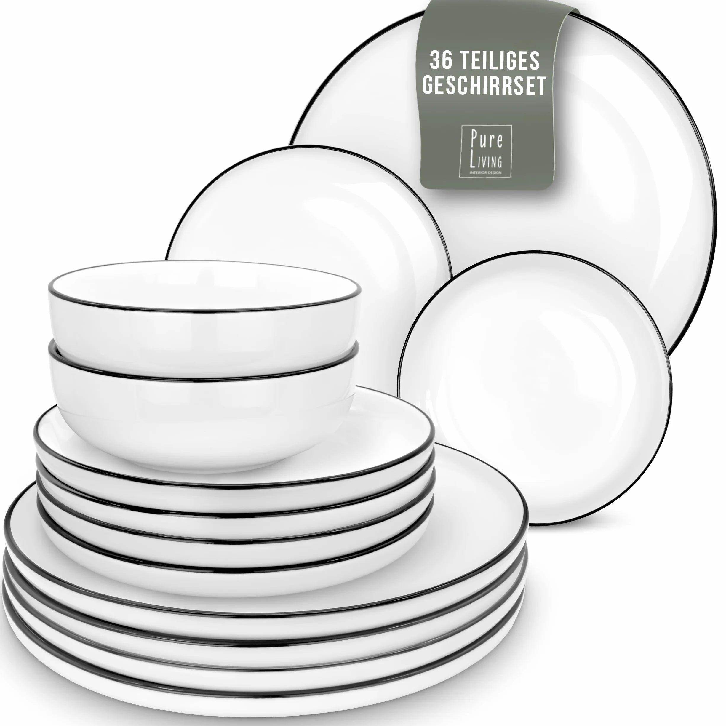 Scandi Style zestaw naczyń dla 12 osób, porcelana premium, biała, 36 części, zestaw naczyń do zmywarki i kuchenki mikrofalowej, serwis stołowy, zestaw misek i talerzy - stylowe naczynia
