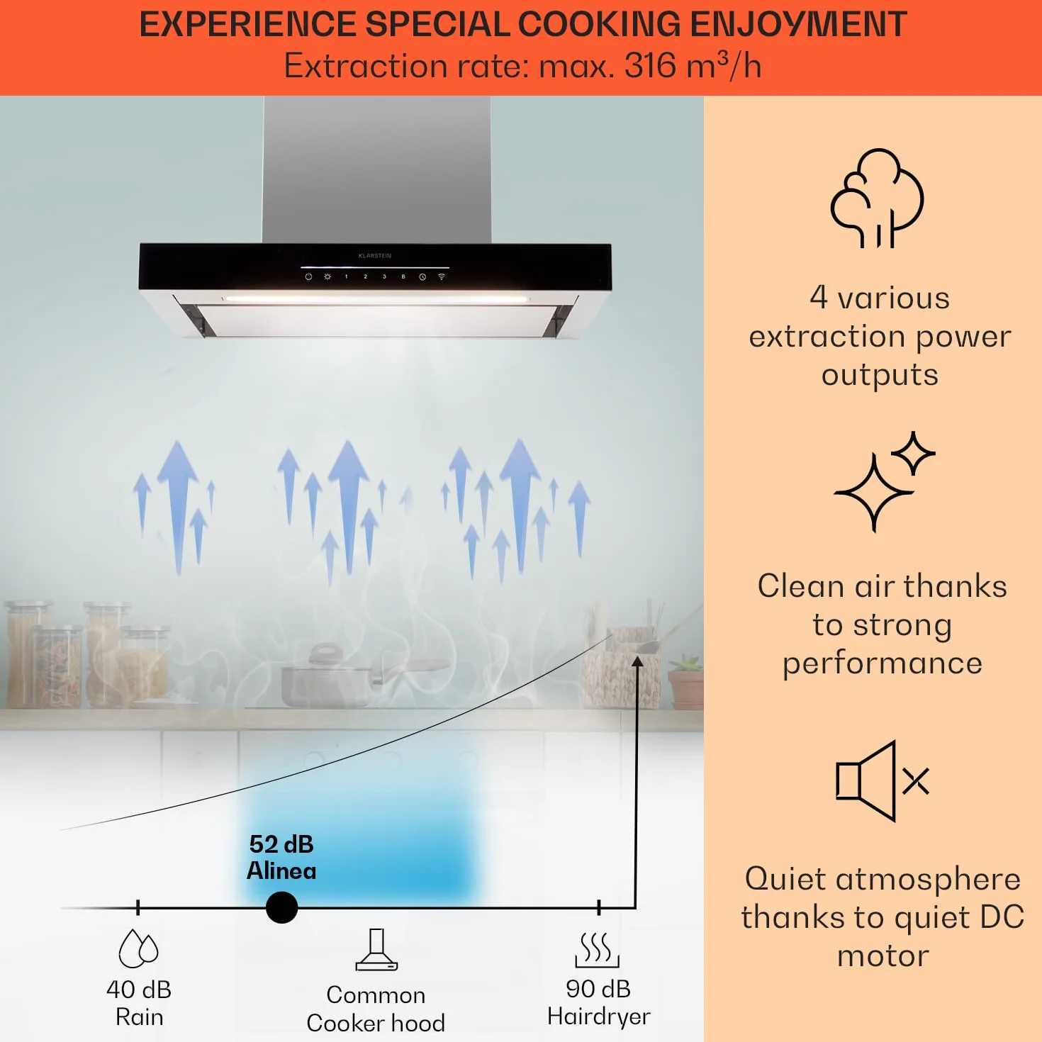 Klarstein Okap kuchenny 60 cm, obieg/wywiew, 577,8 m³/h, Wi-Fi, LED