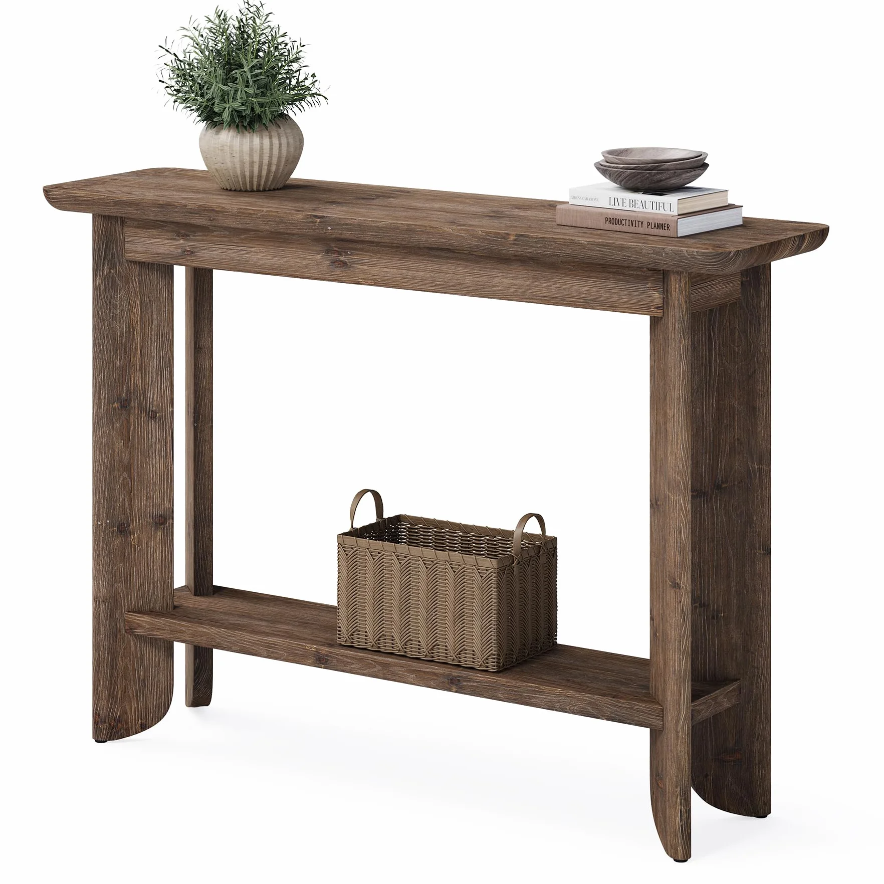Stół konsolowy z litego drewna 105 cm, 2 w 1, stół do przedpokoju i sofy, stół z prawdziwego drewna orzechowego z półką, wąska konstrukcja do przedpokoju i salonu, łatwy montaż 30 minut