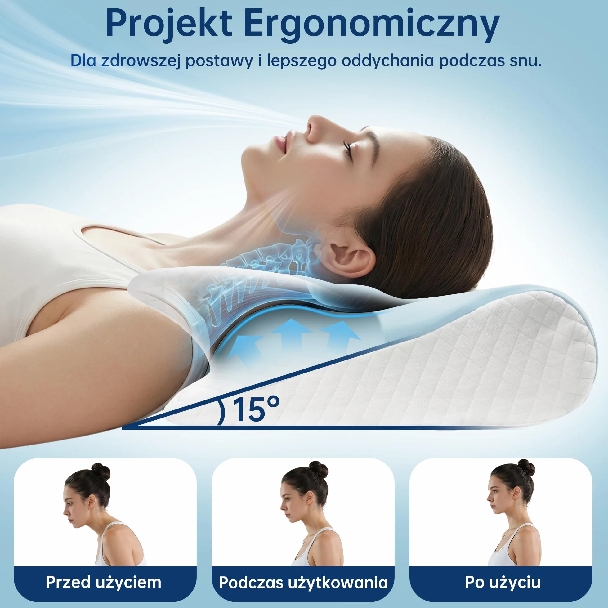 Poduszka Ortopedyczna do Spania Profilowana 2w1, Ergonomiczna Pianka Memory, pod Szyję i Kark, Przeciw Chrapaniu, dla Śpiących na Boku, Plecach i Brzuchu, 60x42x14/12 cm (Niebieska)