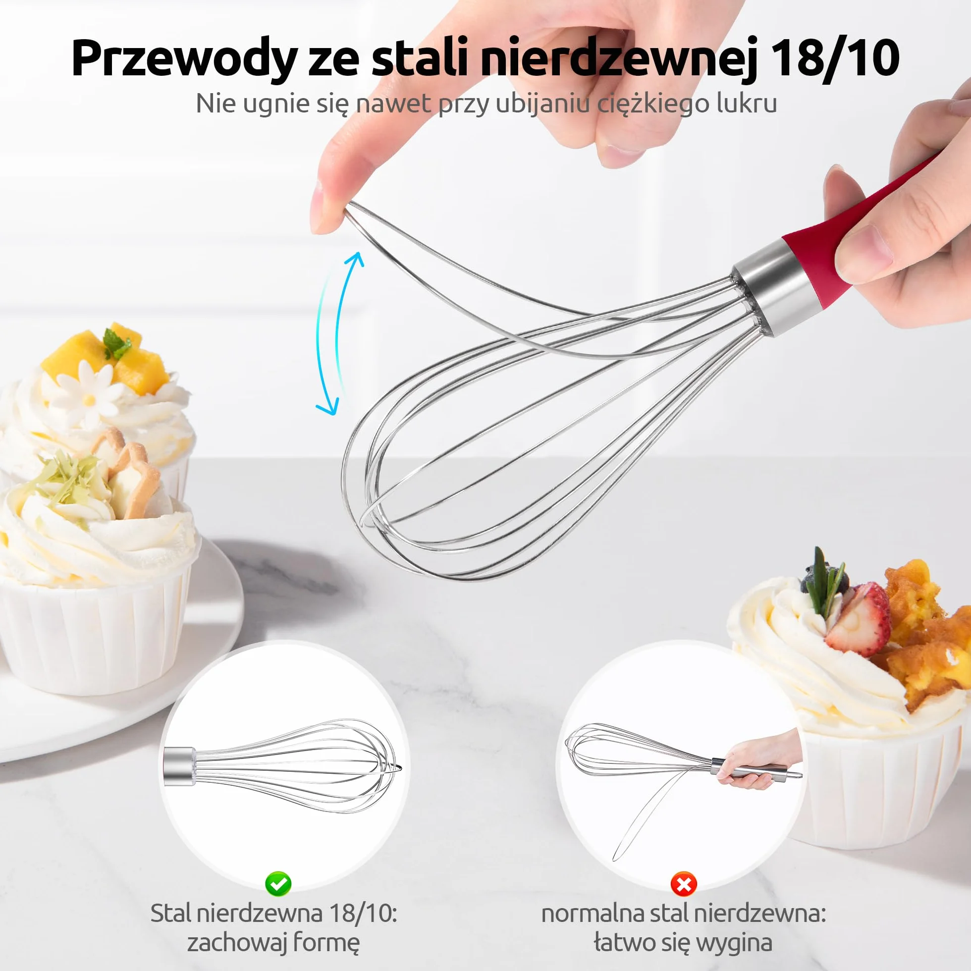 U-Taste Trzepaczka Kuchenna: Trzepaczka do jajek ze stali nierdzewnej 18/10, 23 cm, mała, z 6 elastycznymi drutami i antypoślizgową silikonową rączką do ubijania.(Czerwony)
