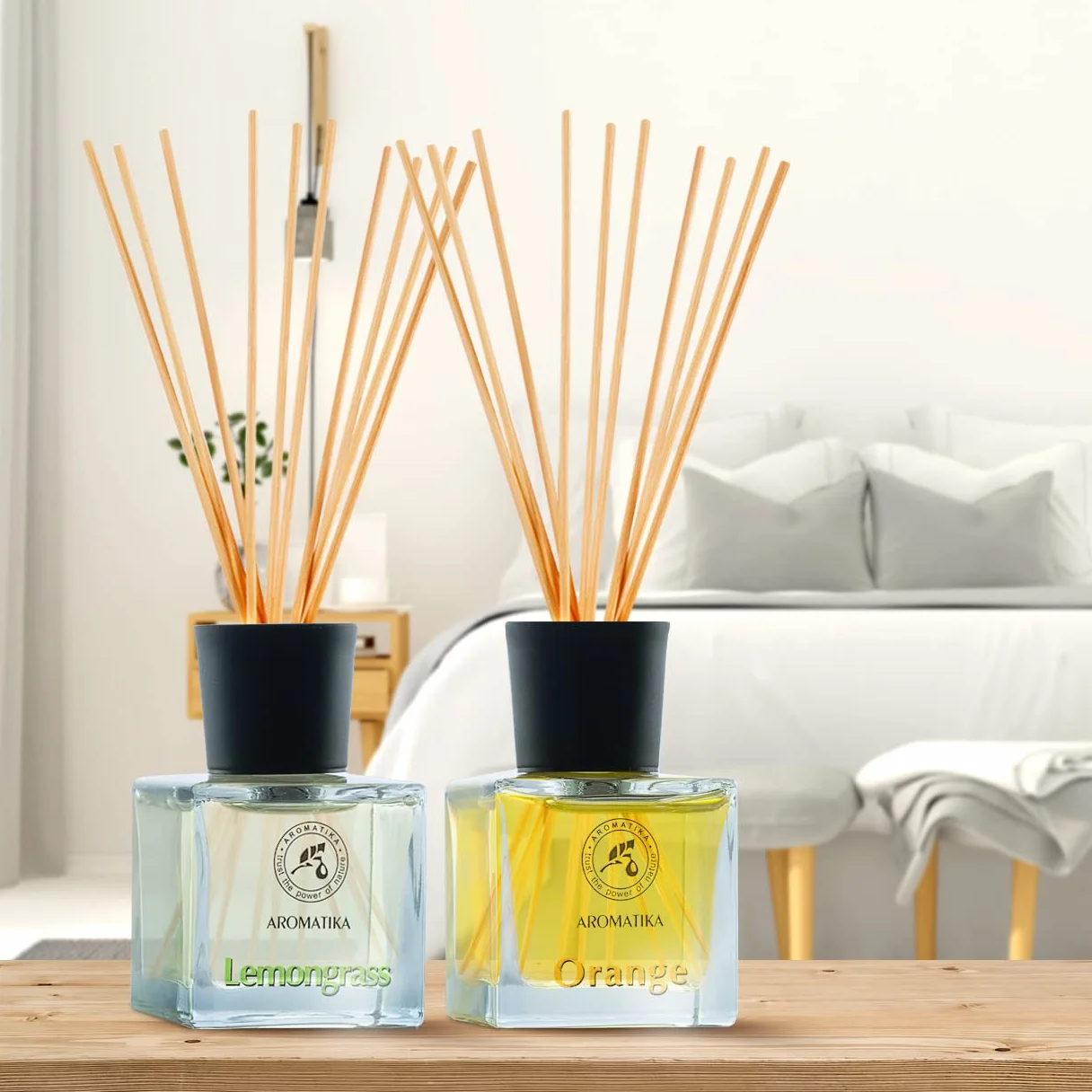 AROMATIKA Reed Diffuser Gift Set 2 x 50 ml with Natural Essential Oils Lemongrass & Orange - Scented Reed Diffusers with Bamboo Sticks - Perfect for Aromatherapy - Bedroom - Office - Home Diffusers