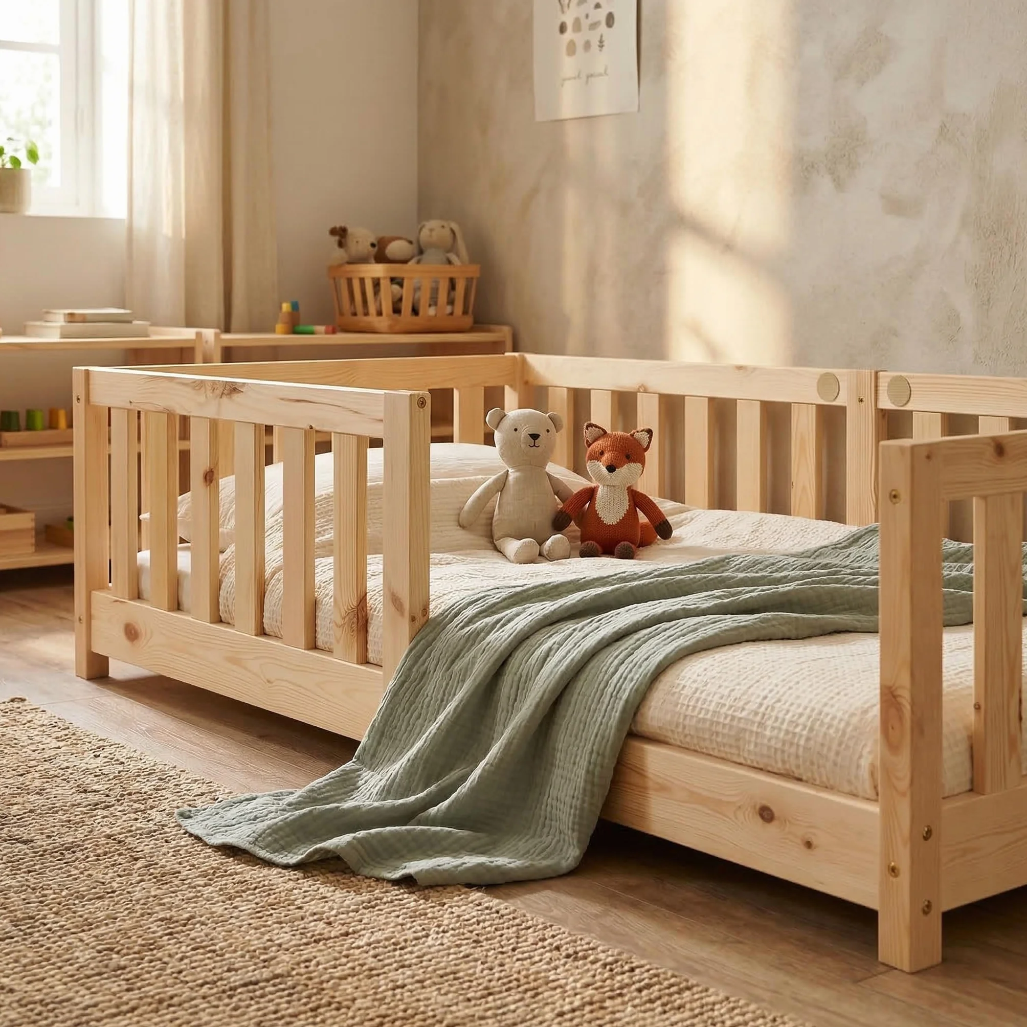 ecomi® Łóżko dziecięce 90 x 200 cm, z zabezpieczeniem przed wypadnięciem, łóżko podłogowe, łóżko dziecięce ze stelażem, dla dziewczynek i chłopców, lite drewno sosnowe, kolor naturalny
