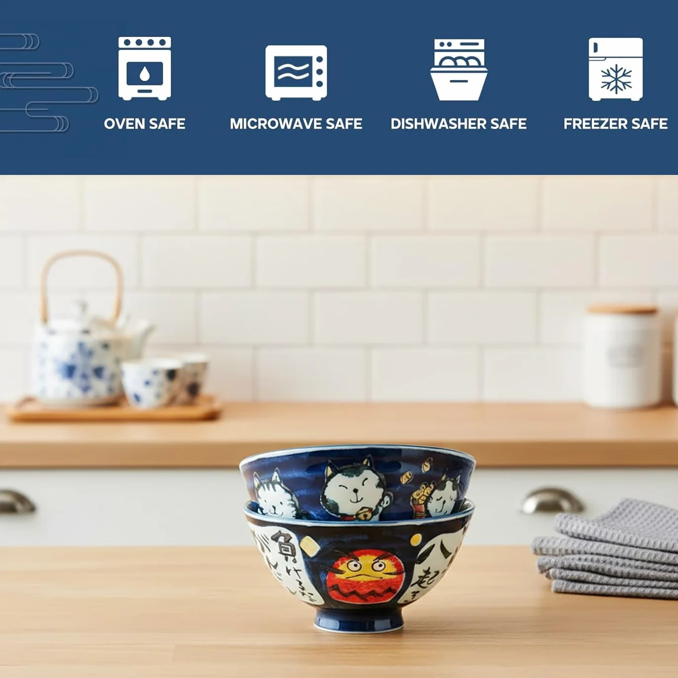 CoolChange Japońska miska na ryż Daruma i kot szczęścia | ręcznie malowana z porcelany | 2 szt. | miski ceramiczne | azjatyckie miseczki do jedzenia | 12 cm | nadaje się do kuchenki mikrofalowej i