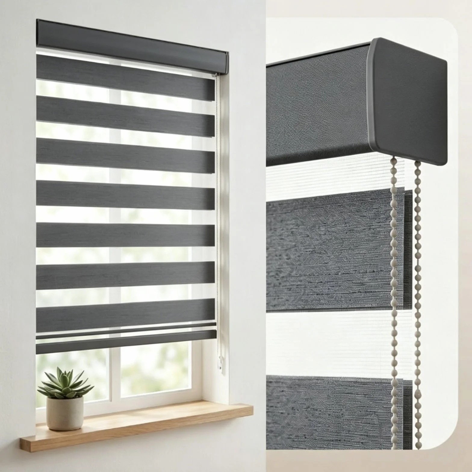 Rolety Dzień Noc Zebra Dwuwarstwowe Żaluzje Okienne Regulowane Jasne Beżowe | Zasłony do Łazienki Metalowe Uchwyty Montażowe Osłona Okna W122cm x H180cm(Czarny,132cmx213cm)