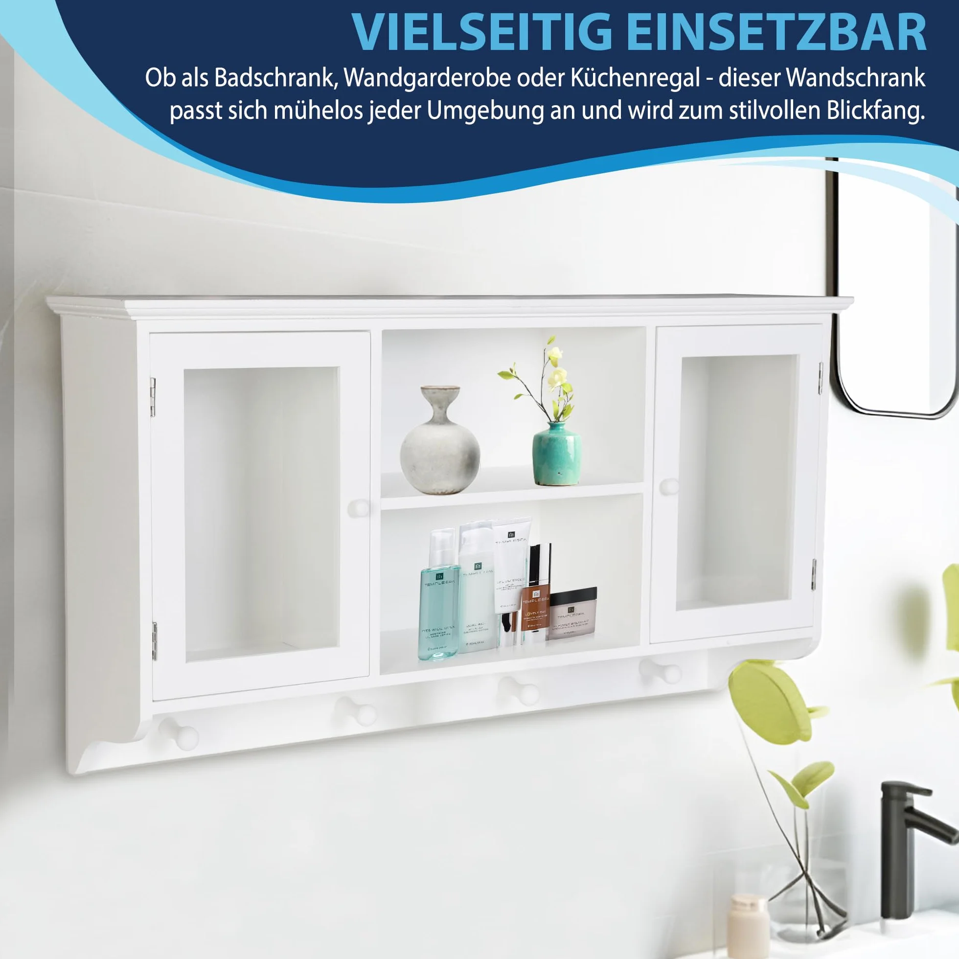 DRULINE Mała szafka wisząca, szafka ścienna, witryna, szafka kuchenna, szafka łazienkowa, białe drewno, akryl, (szer. x wys. x głęb.) ok. 60 x 34 x 15 cm