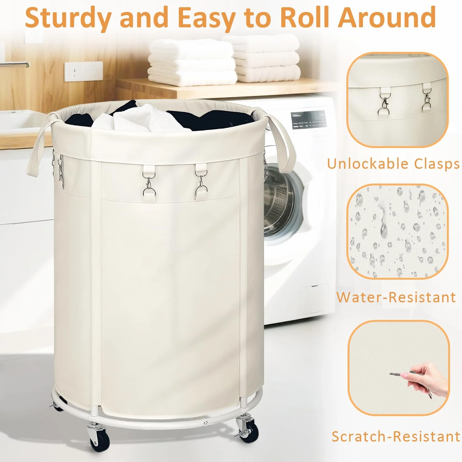 Kosze na pranie z rolkami, 150 l, duży kosz na pranie z metalową ramą i wodoszczelnym workiem, Laundry Baskets wózek na pranie do pralni, sypialni, łazienki, beżowy
