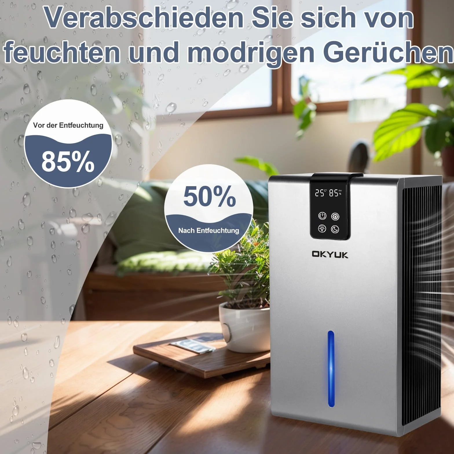 Elektryczny osuszacz powietrza 2700 ml, osuszacz powietrza do domu z automatycznym wyłączaniem, 7-kolorowe światło LED, idealny do kampera, łazienki, sypialni, piwnicy (kolor szary)