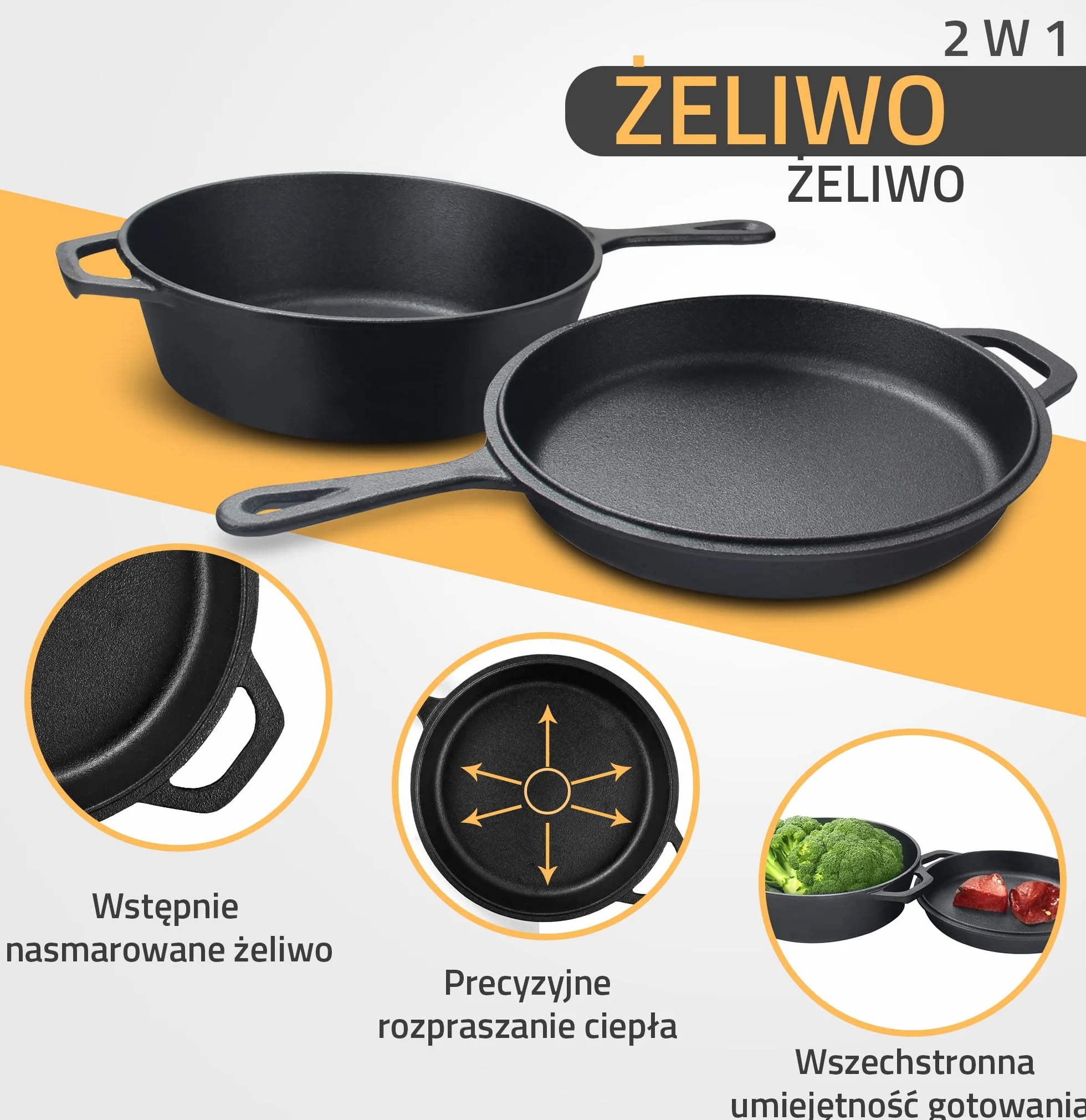 KICHLY Wstępnie solony holenderski kocioł do piekarnika - Dwufunkcyjne patelnie grillowe - bezpieczna żeliwna kuchenka kombinowana do kuchenki, kempingu, wewnątrz i na zewnątrz - zestaw do gotowania 3L/3.2 Quart (2 w 1)