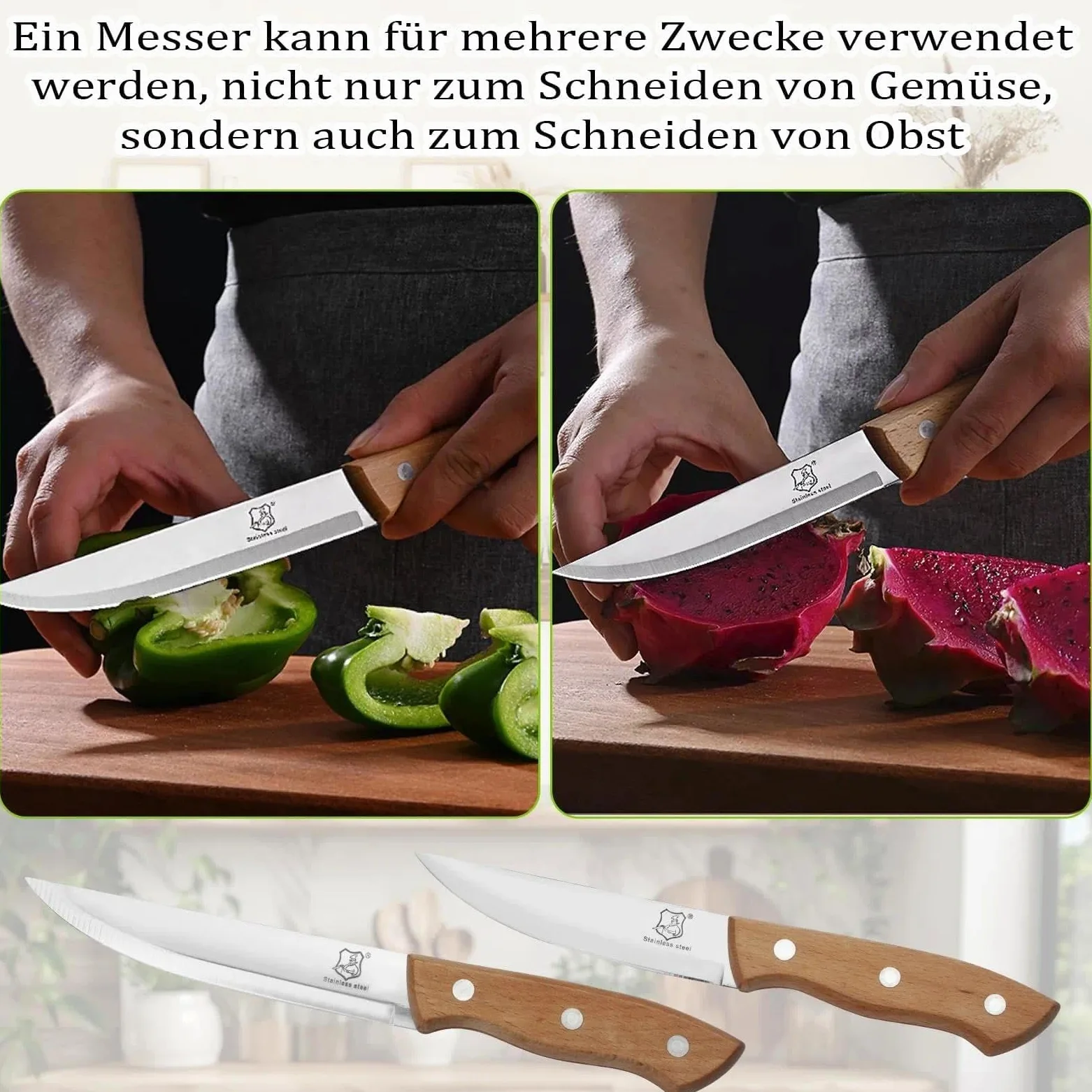 Zestaw 2 noży do obierania, nóż kuchenny, do owoców i warzyw, ostry nóż do warzyw i owoców ze stali nierdzewnej z ergonomicznym drewnianym uchwytem do krojenia owoców i warzyw
