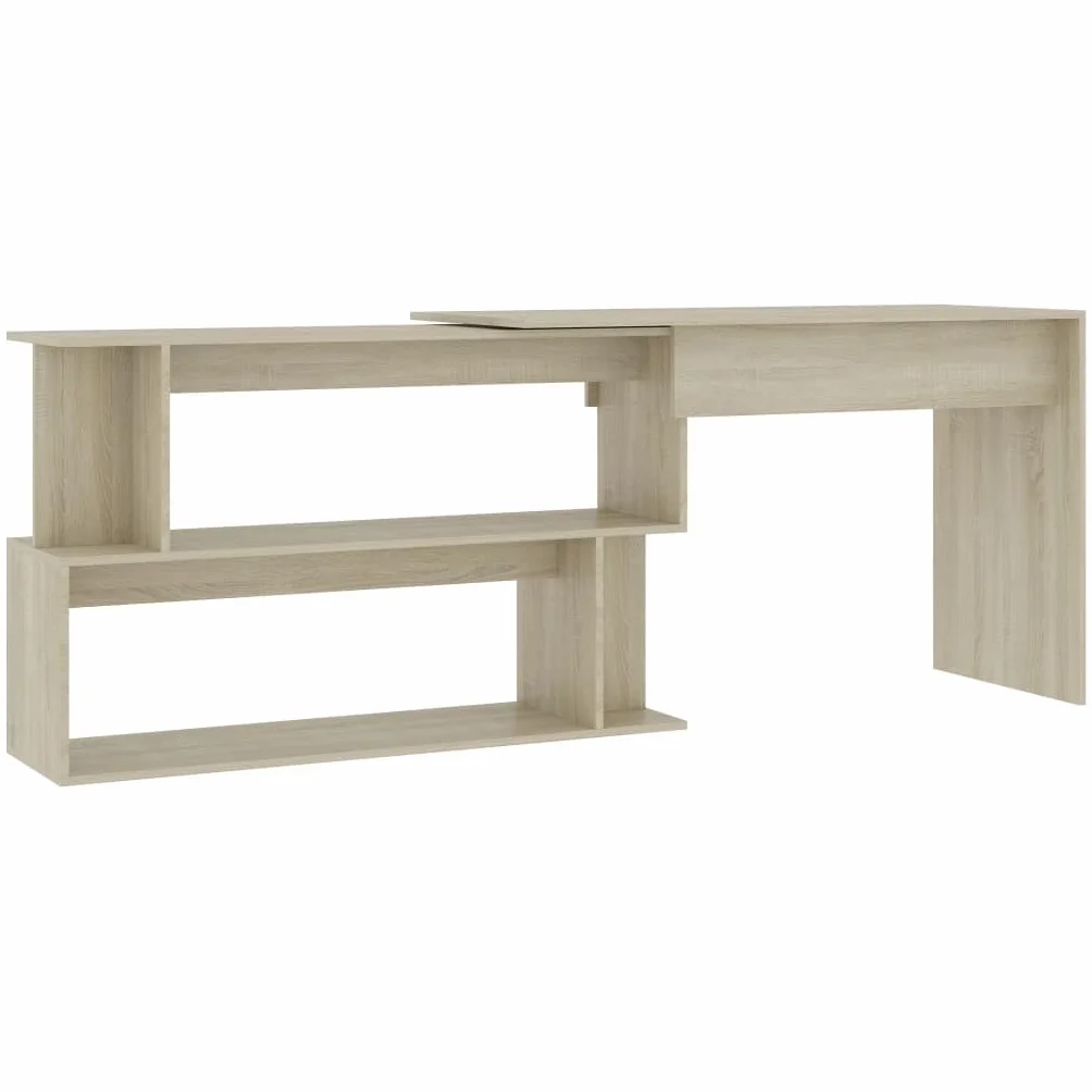 Narożne biurko dąb Sonoma 200 x 50 x 76 cm, materiał drewnopochodny, obrotowe, z miejscem do przechowywania i otwartymi półkami, do domu, biura, gabinetu, pokoju młodzieżowego