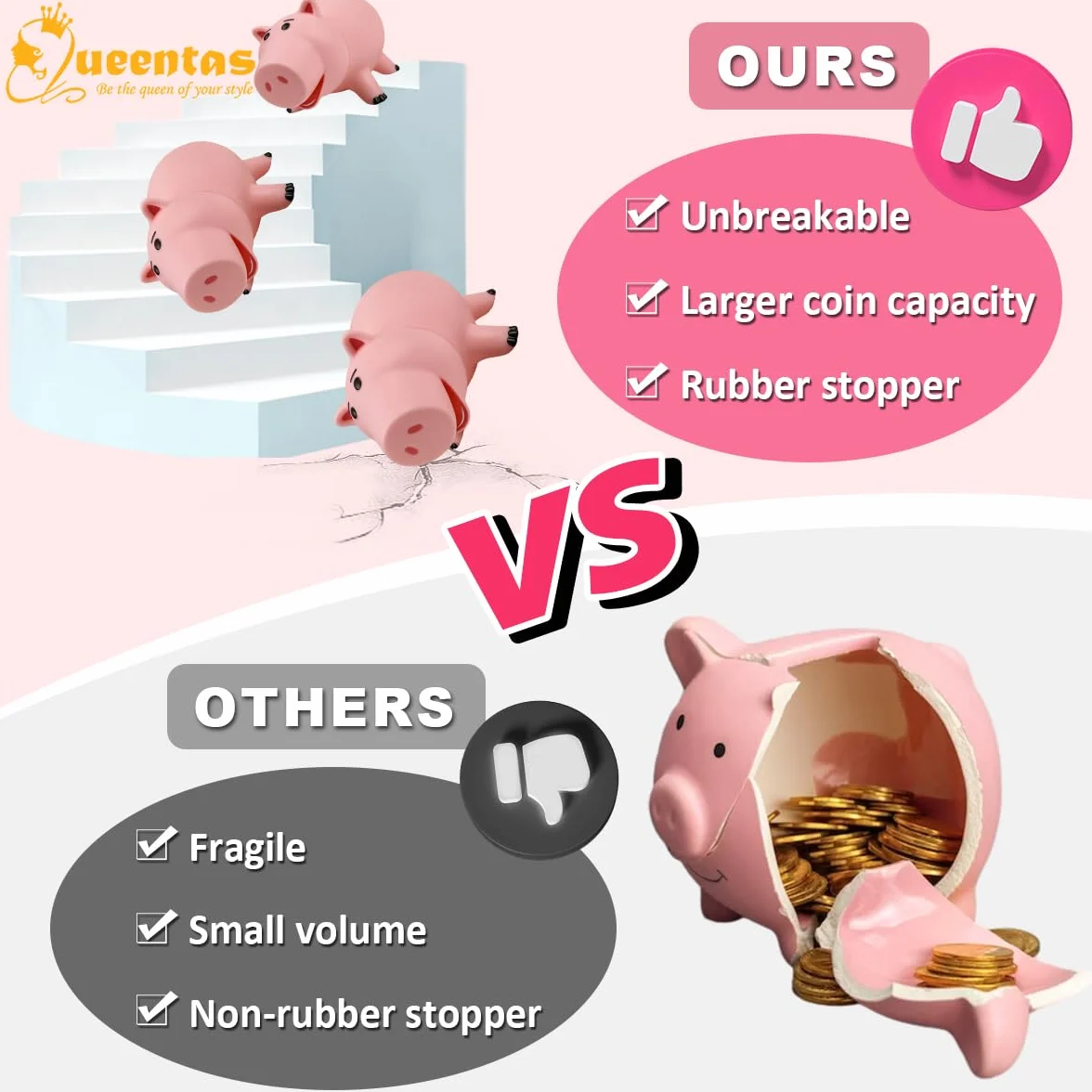 Queentas® dziecięca różowa świnka skarbonka urocza pieniądze plastikowa oszczędność pudełko na monety