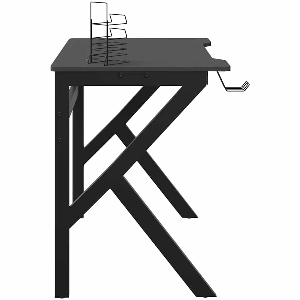 Hothingwell Biurko do gier z nogami w kształcie litery K, czarne, 90x60x75 cm | Zintegrowany uchwyt na słuchawki, uchwyt na kubek, drewno inżynieryjne, ergonomiczna konstrukcja do gier