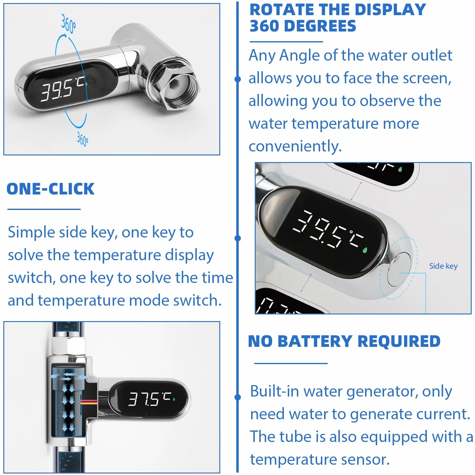 BAIFULAI Cyfrowy Termometr Kąpielowy LED, Termometr Do Wanny 0-100 ℃, Przepływ Wody W Czasie Rzeczywistym, Obracany O 360° Ekran, Termometr Do Wody Dla Niemowląt, Termometr Prysznicowy