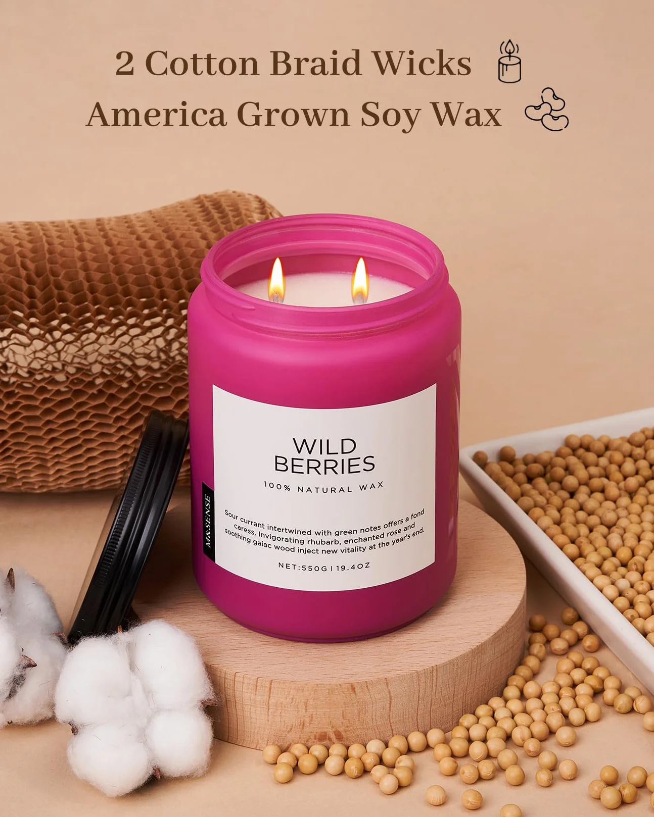 Świeca zapachowa M&SENSE Wild Berry 550 g, naturalny nietoksyczny wosk sojowy, czas palenia 110 godzin