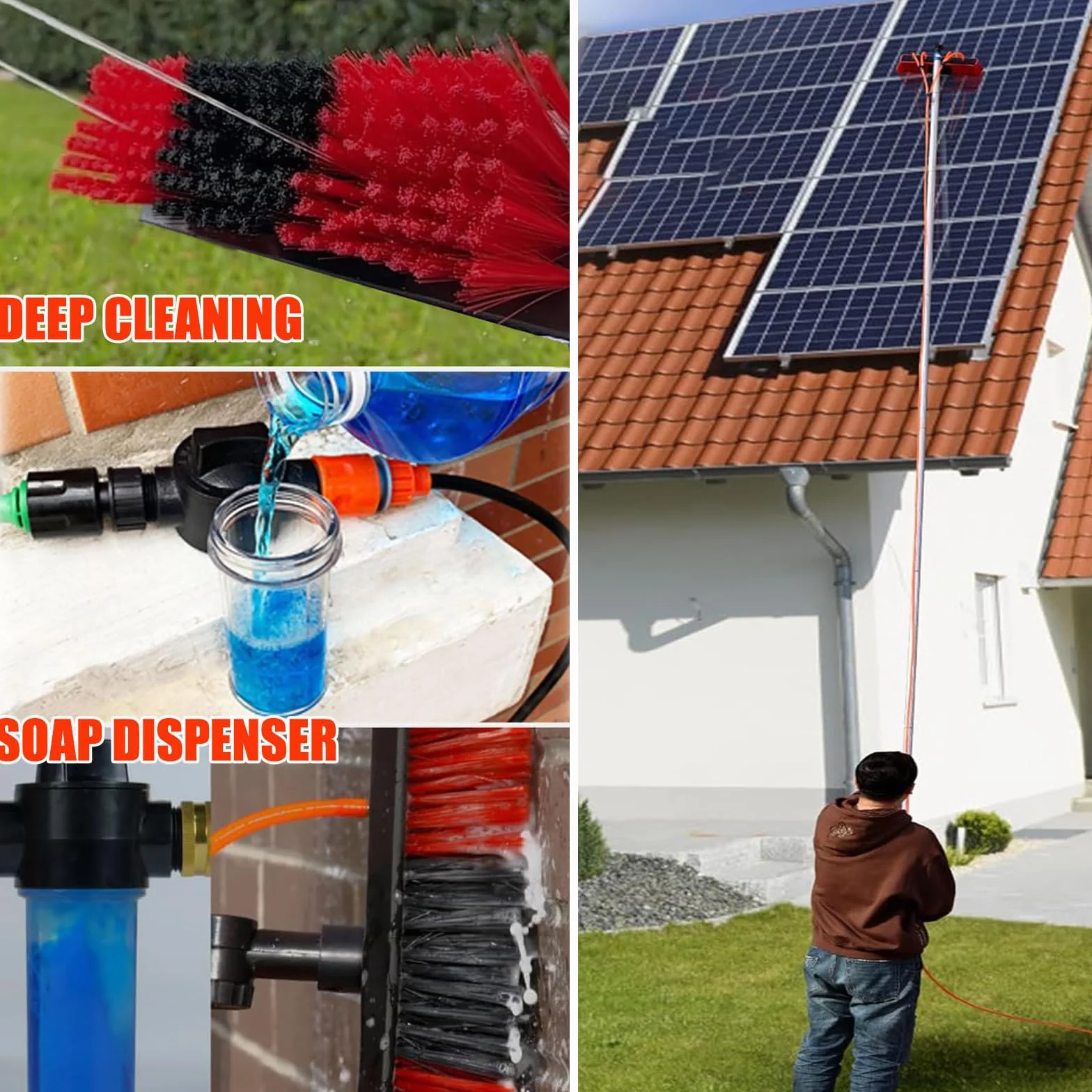 Wysuwana teleskopowa szczotka do czyszczenia okien, aluminiowy drążek 316 m, szczotka 55 cm, idealna do paneli słonecznych, system zasilania wodą, wydajne narzędzie do czyszczenia na zewnątrz