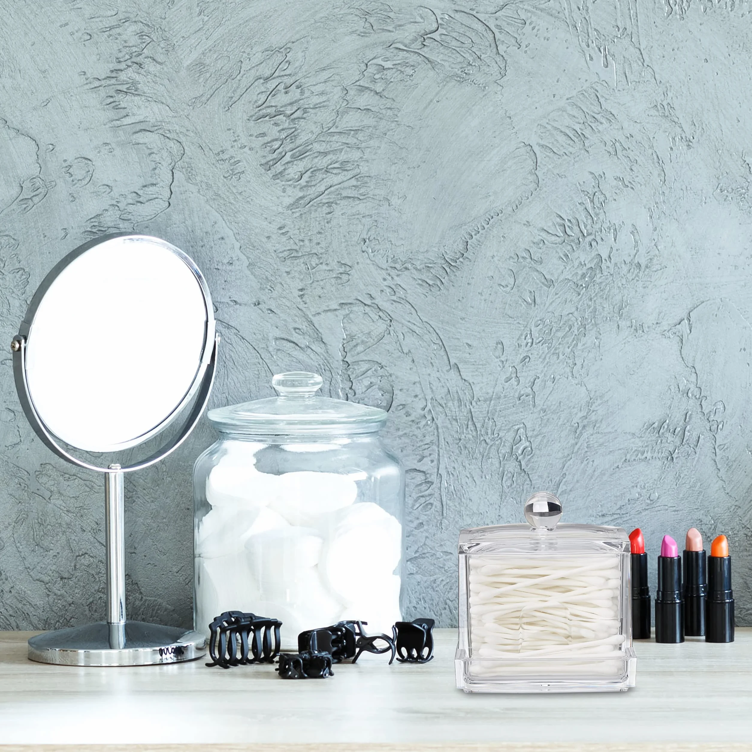 Relaxdays Drzwi Cotton Fioc Dozownik łazienkowy na dyski bawełniane, Akryl, L, przezroczysty/naturalne