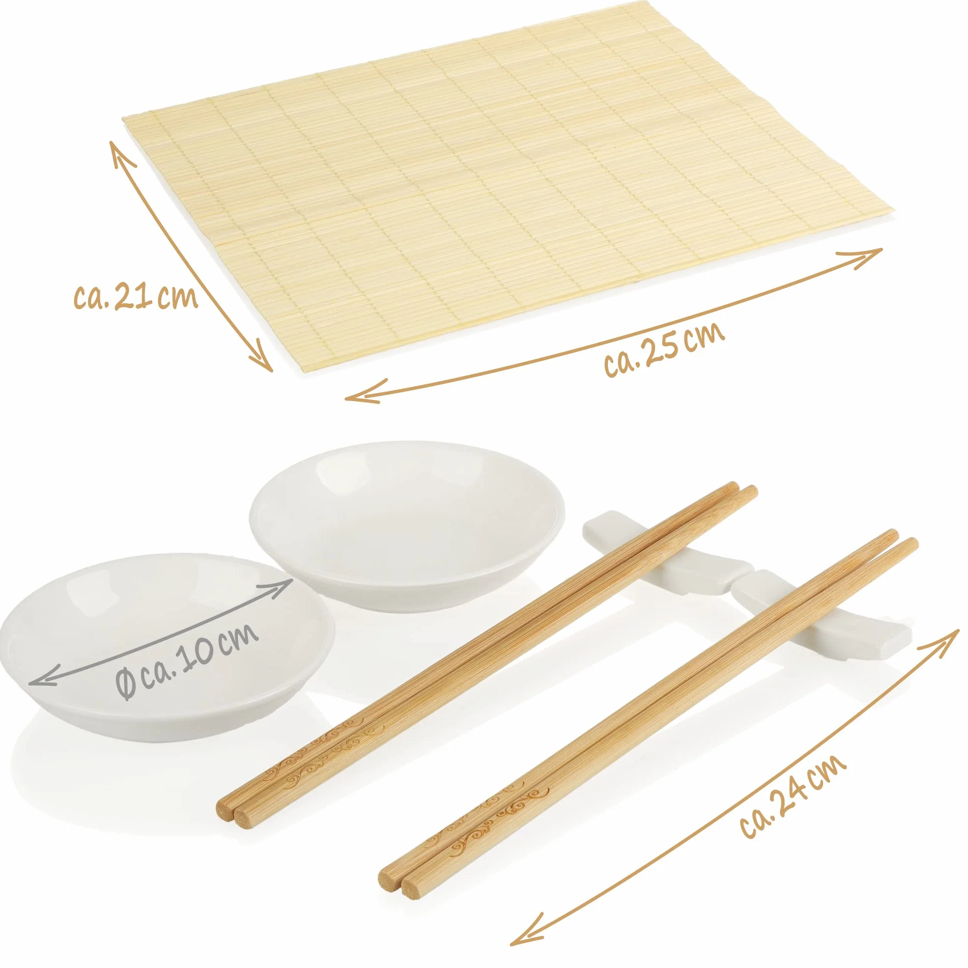 com-four® 7 czesciowy zestaw sushi – z bambusowa mata, paleczkami, ceramicznymi miseczkami i podstawkami – azjatycka zastawa do sosu sojowego, wasabi i dipów (7-czesciowy zestaw sushi)