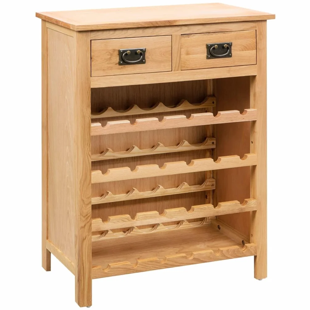Générique Stojak na butelki z litego dębu, 72 x 32 x 90 cm, wytrzymały stojak do przechowywania wina z rozkloszowanymi półkami, elegancki regał na wino, łatwy montaż
