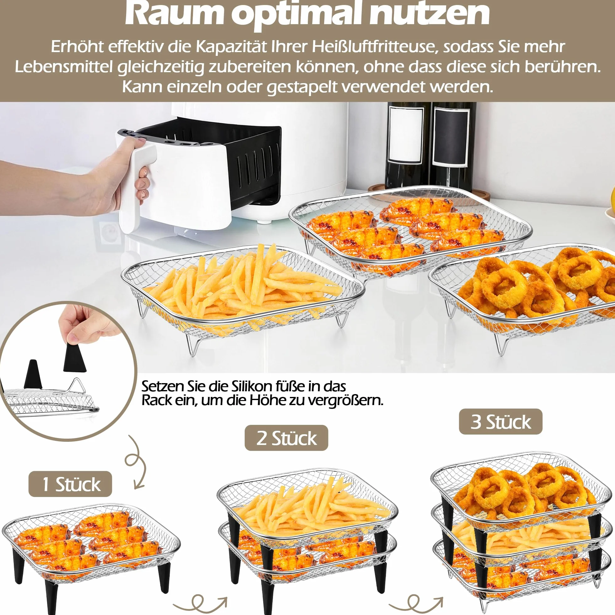 Herogo Akcesoria do frytkownicy na gorące powietrze, 3-warstwowy, ze stali nierdzewnej, prostokątny kosz do smażenia, kratka do frytkownicy na gorące powietrze, ruszt do grillowania 19,6 cm, akcesoria