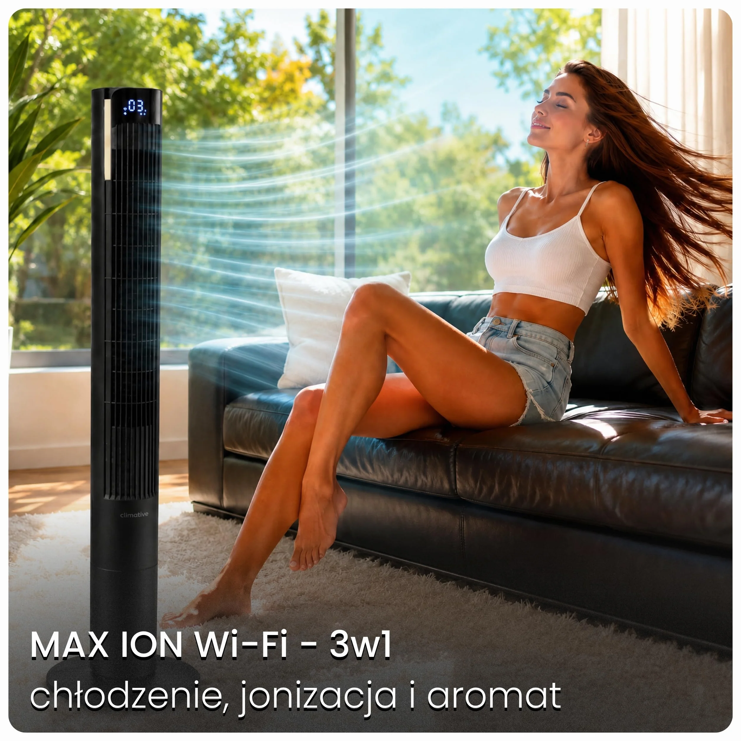 Wentylator kolumnowy 115cm WiFi Tuya, Jonizator i Pojemnik na zapach, Potężny wiatr 8,5m/s, Lampka nocna, Oscylacja, Timer 12h, Wyświetlacz LED, Cichy wentylator stojący, Czarny