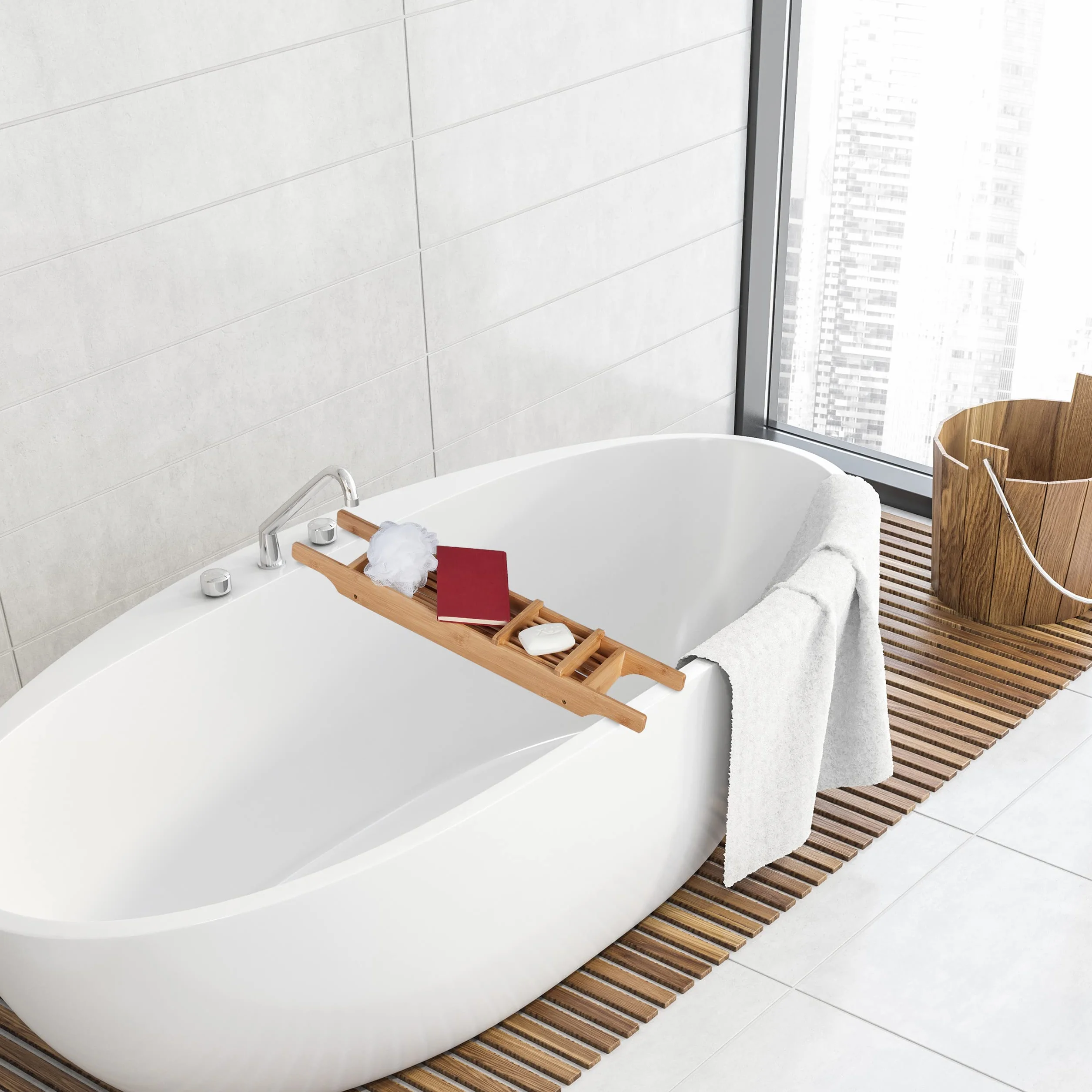 Relaxdays Bambusowa półka na wannę 69 cm rozkładane nóżki naturalna