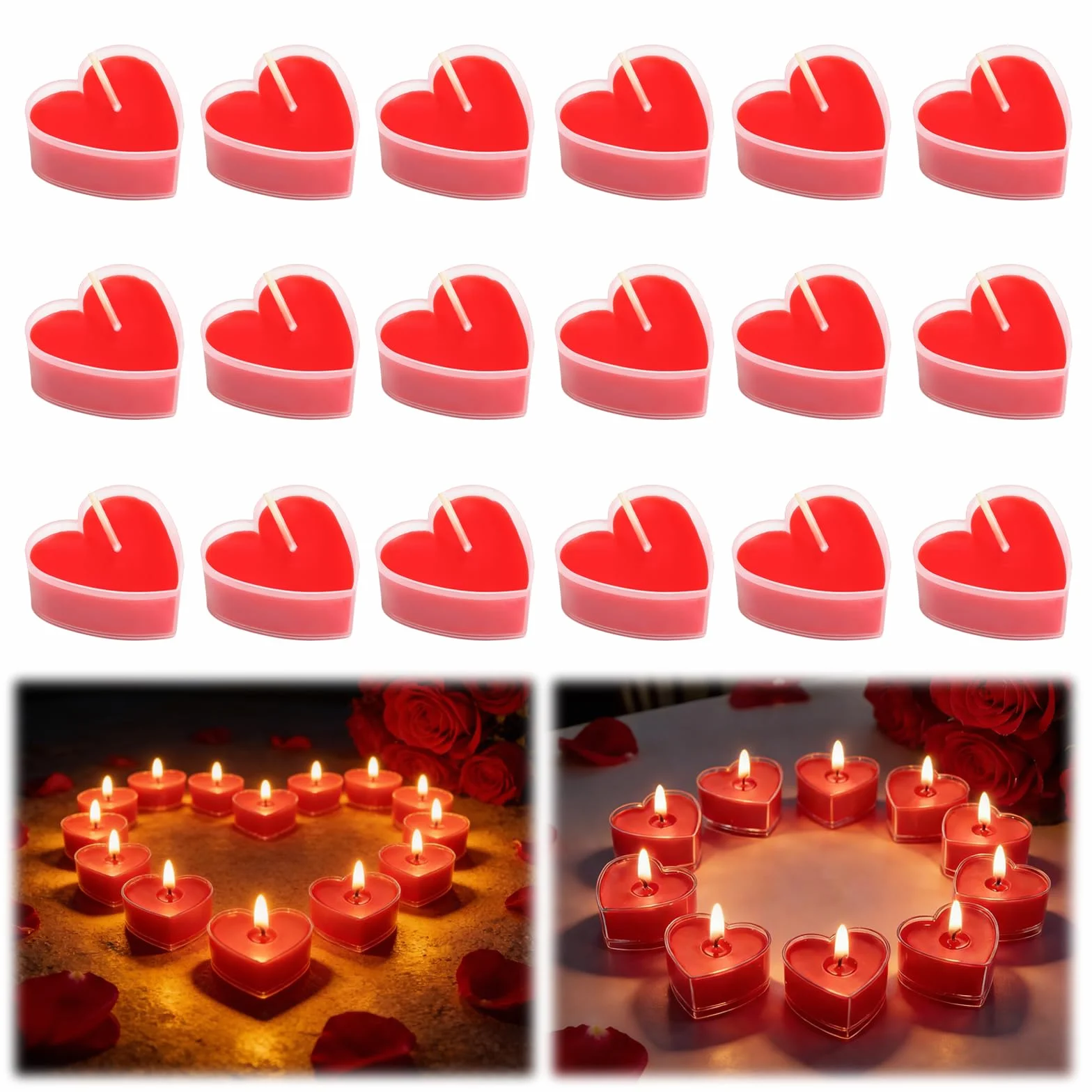 Świeczki Tealight w Kształcie Serca Czerwone 18 Sztuk Romantyczne Wosk Roślinny na Walentynki Ślub Rocznicę Kolację Dekorację Stołu