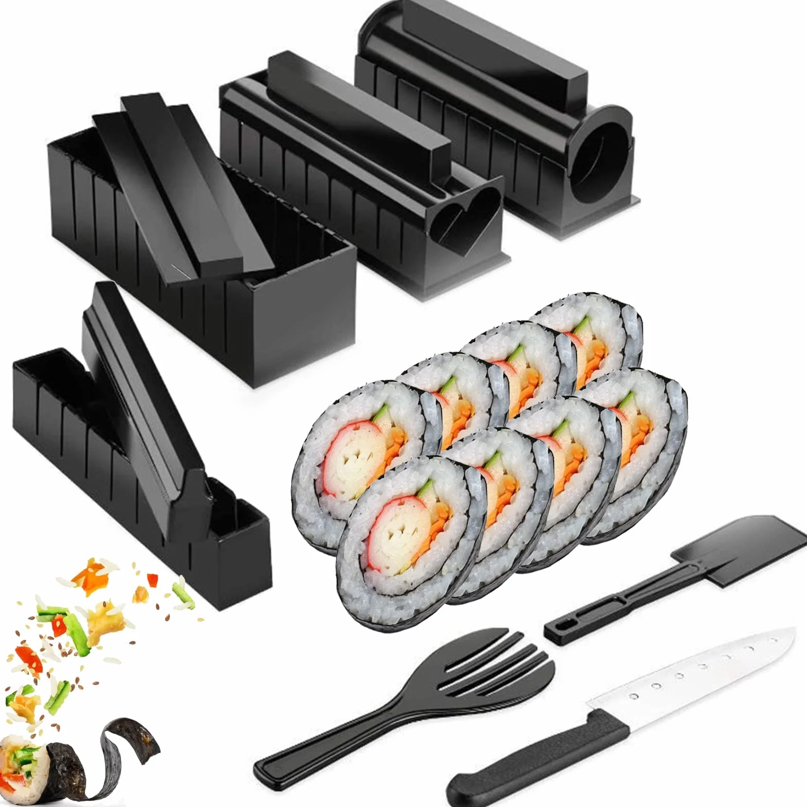 Domowy zestaw do robienia sushi, zestaw 11 sztuk z 8 rolkami do ryżu, widelcem, szpatułką, nożem - łatwy do czyszczenia i użytkowania, można myć w zmywarce do kuchni