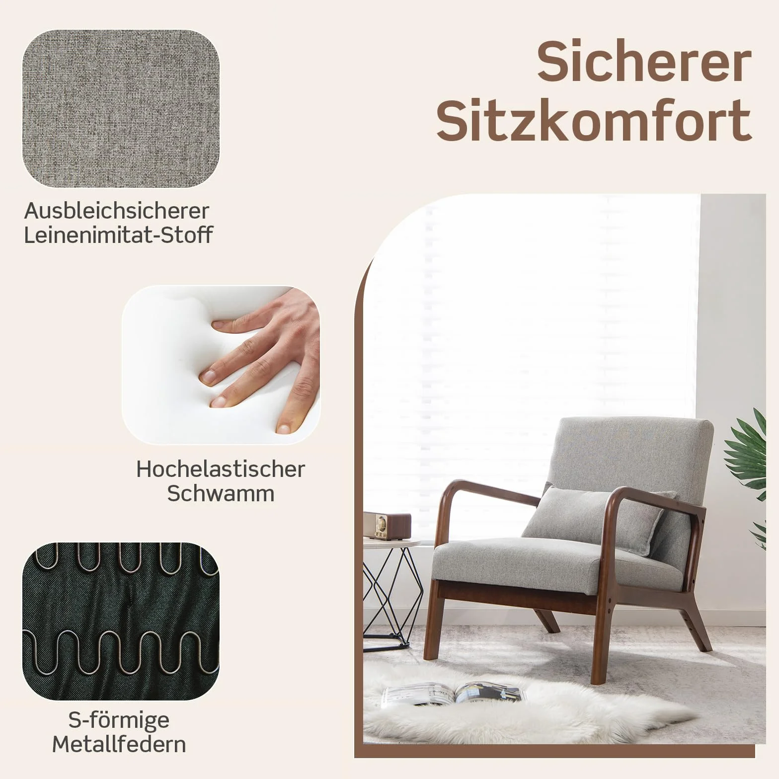 COSTWAY Fotel do salonu, tapicerowany, nowoczesne krzesło, drewno, z podłokietnikami, jednoosobowa sofa do salonu, sypialni, 65 x 79 x 77 cm, szary