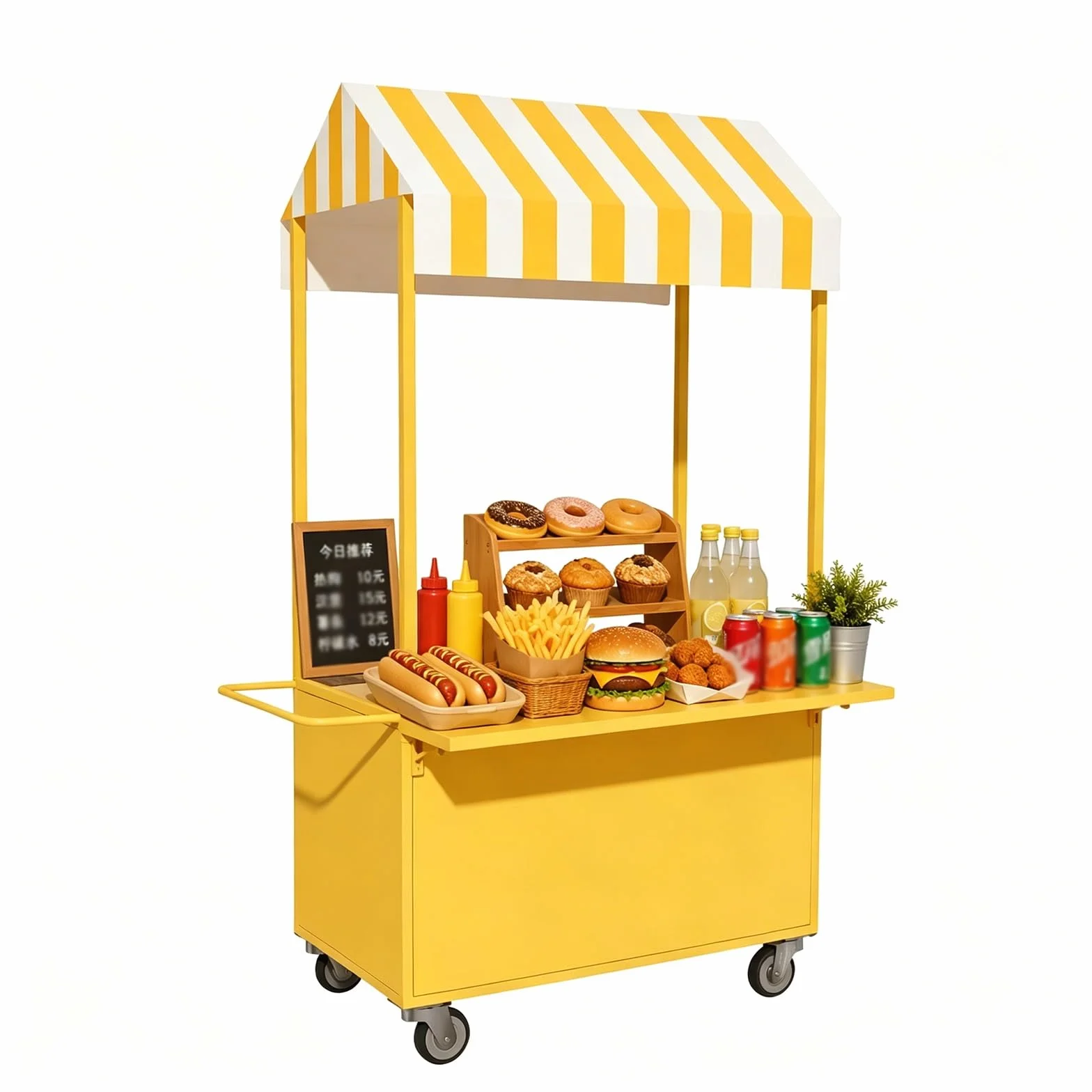 Mobilny WóZek Handlowy Z Markizą W Paski, Szafką I Blokowanymi KółKami – Idealny Do SprzedażY Kawy, WypiekóW Czy KwiatóW(Yellow,120cm/47")