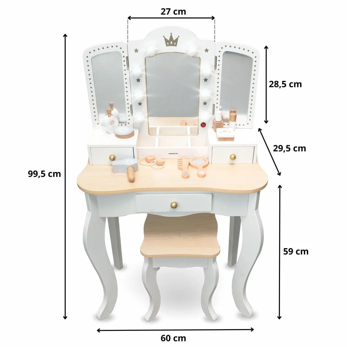 Mamabrum Drewniana Toaletka dla Dzieci 3+, XXL z Taboretem i Oświetleniem LED, 3-Skrzydłowe Lustro, Duża Szuflada, Akcesoria, Odgrywanie Ról Make-up, Solidna Konstrukcja, Zamieniana w Biurko