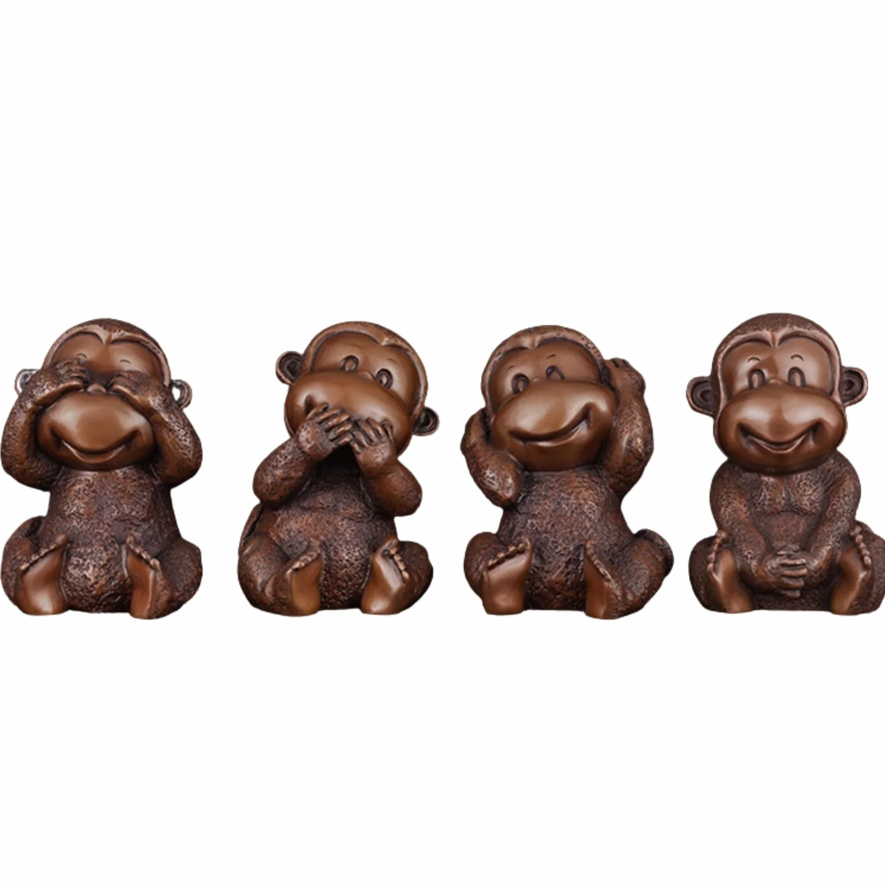 Zestaw rzeźby z brązu cztery mądre małpy – 'Hear No Evil, See No Evil, Speak No Evil' figurki artystyczne z litego mosiądzu, ręcznie robione mini posągi zwierząt