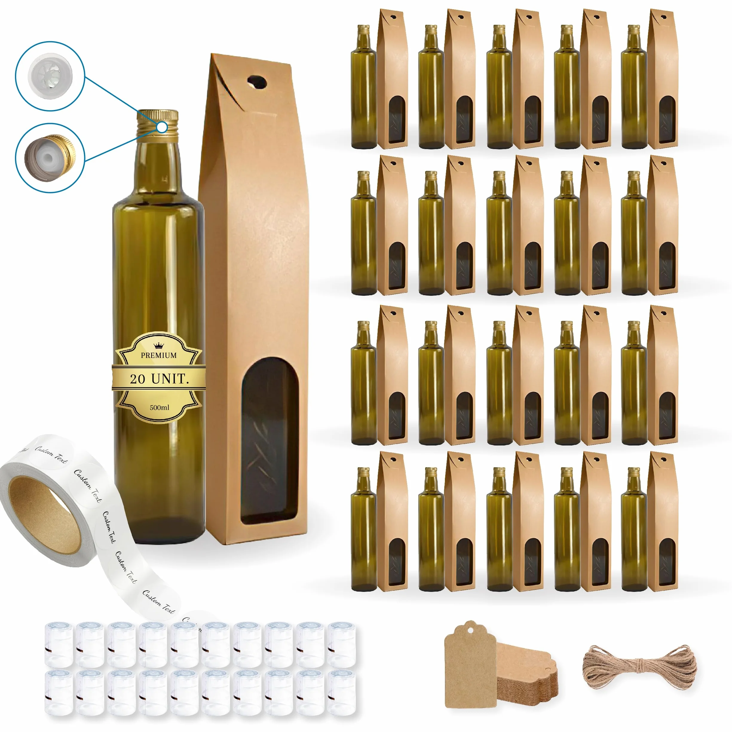 20 butelek z ciemnego szkła 500 ml ze złotą nakrętką z wylewką + 20 puszek + 20 uszczelek + 20 niestandardowych etykiet + 20 etykiet kraft + sznurek - oliwa z oliwek - olej
