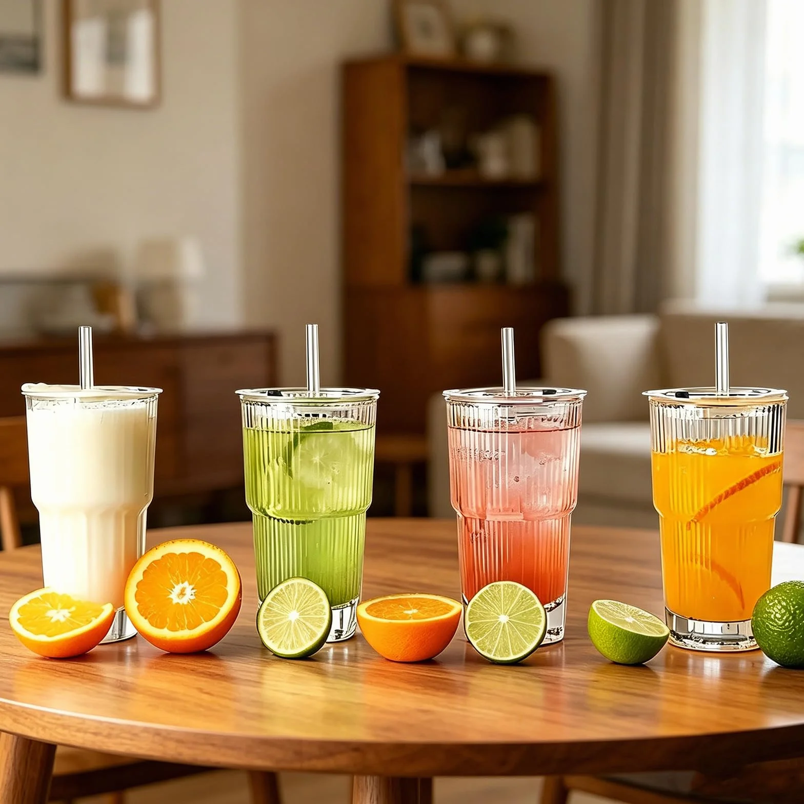 Szklane kubki z ryflowanym kubkiem, 2 sztuki, szklanki do drinków, szklanki do longdrinków, w paski, z pokrywką i słomką, 600 ml, kubek do smoothie, szklany kubek do herbaty, z pędzelkiem do