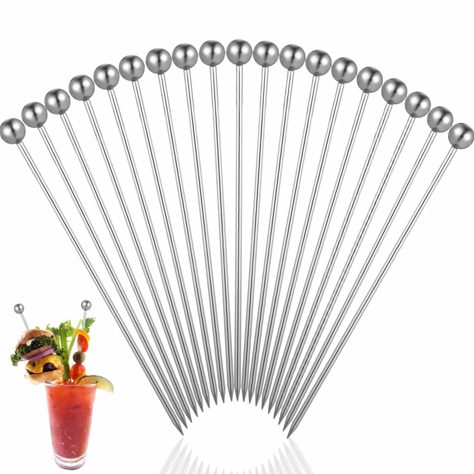 Tyqour 16 sztuk szpikulców koktajlowych ze stali nierdzewnej, srebrne, 11 cm, wielokrotnego użytku, metalowe patyczki do koktajli, koktajli, koktajli, kanapek, baru