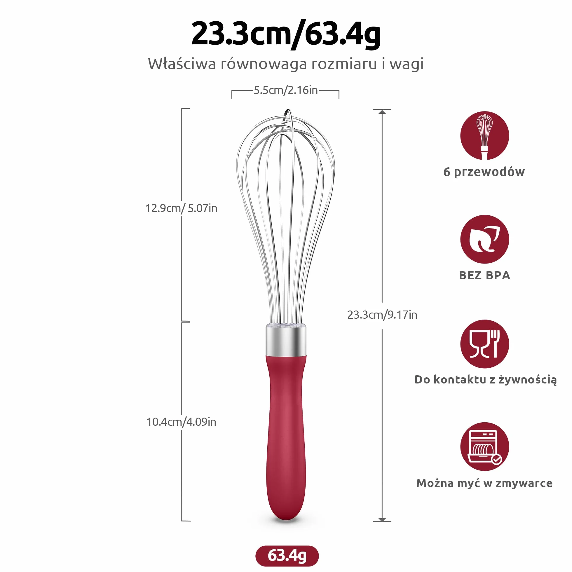 U-Taste Trzepaczka Kuchenna: Trzepaczka do jajek ze stali nierdzewnej 18/10, 23 cm, mała, z 6 elastycznymi drutami i antypoślizgową silikonową rączką do ubijania.(Czerwony)
