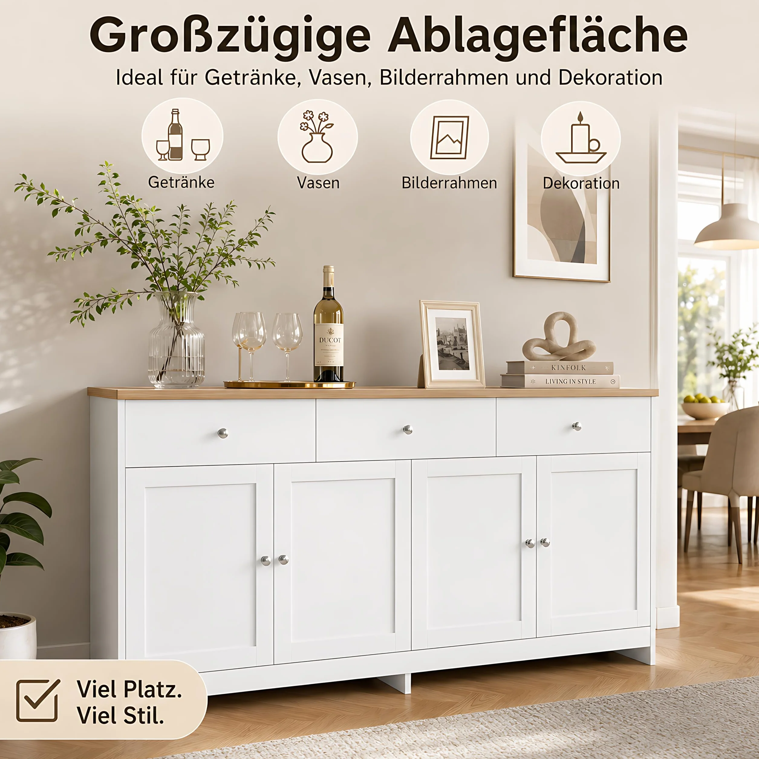 Kredens, komoda z 4 drzwiami i 3 szufladami, szafka kuchenna z regulowanymi półkami, szafka bufetowa, szafka do przechowywania do salonu, jadalni, kuchni, korytarza, naturalna i biała (biała, 160 x 37