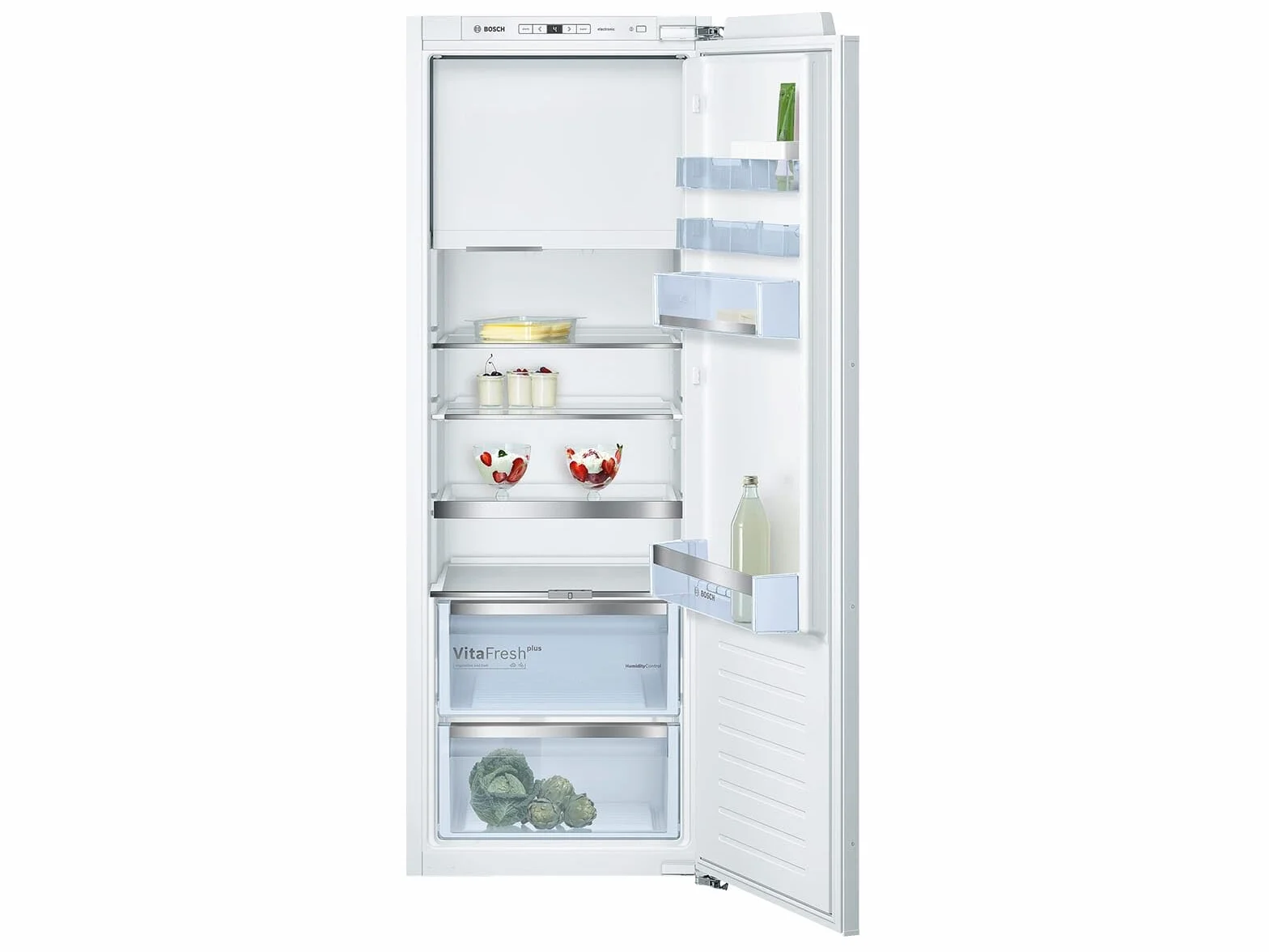 Bosch KIL72AFE0 seria 6 lodówka do zabudowy, 158 x 56 cm, wnękowa 248 l, zawias płaski, Made in Germany, VitaFresh plus 2 x dłuższa świeżość, oświetlenie LED, równomierne oświetlenie | Made in Germany, VitaFresh szuflada do przechowywania żywności, wysuwa
