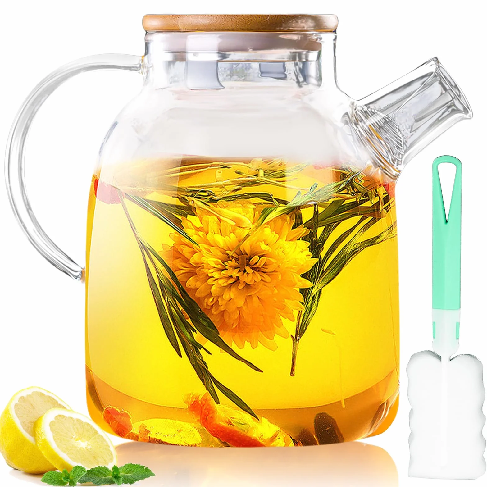 Szklany dzbanek do herbaty 1,6 l ze szczotką do czyszczenia, bambusową pokrywką, zestaw ze szkła borokrzemowego