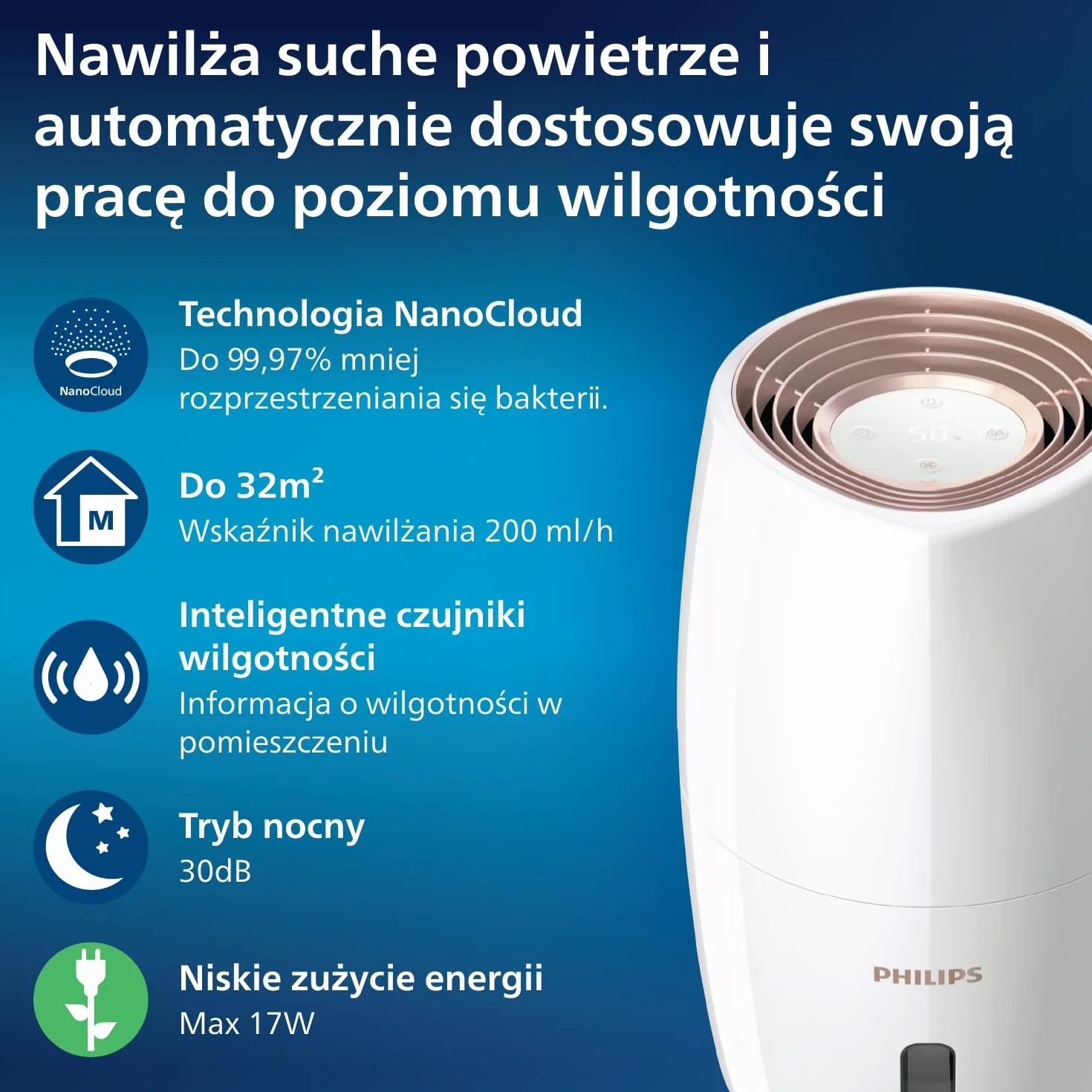 Philips Nawilżacz powietrza Serii 2000, Higieniczne nawilżanie NanoCloud, 99,97% mniej bakterii, 200 ml/h, Zbiornik 2L, Ultra cichy (33 dB), 3 prędkości, Tryby Auto i Nocny, Timer, Biały (HU2716/10)
