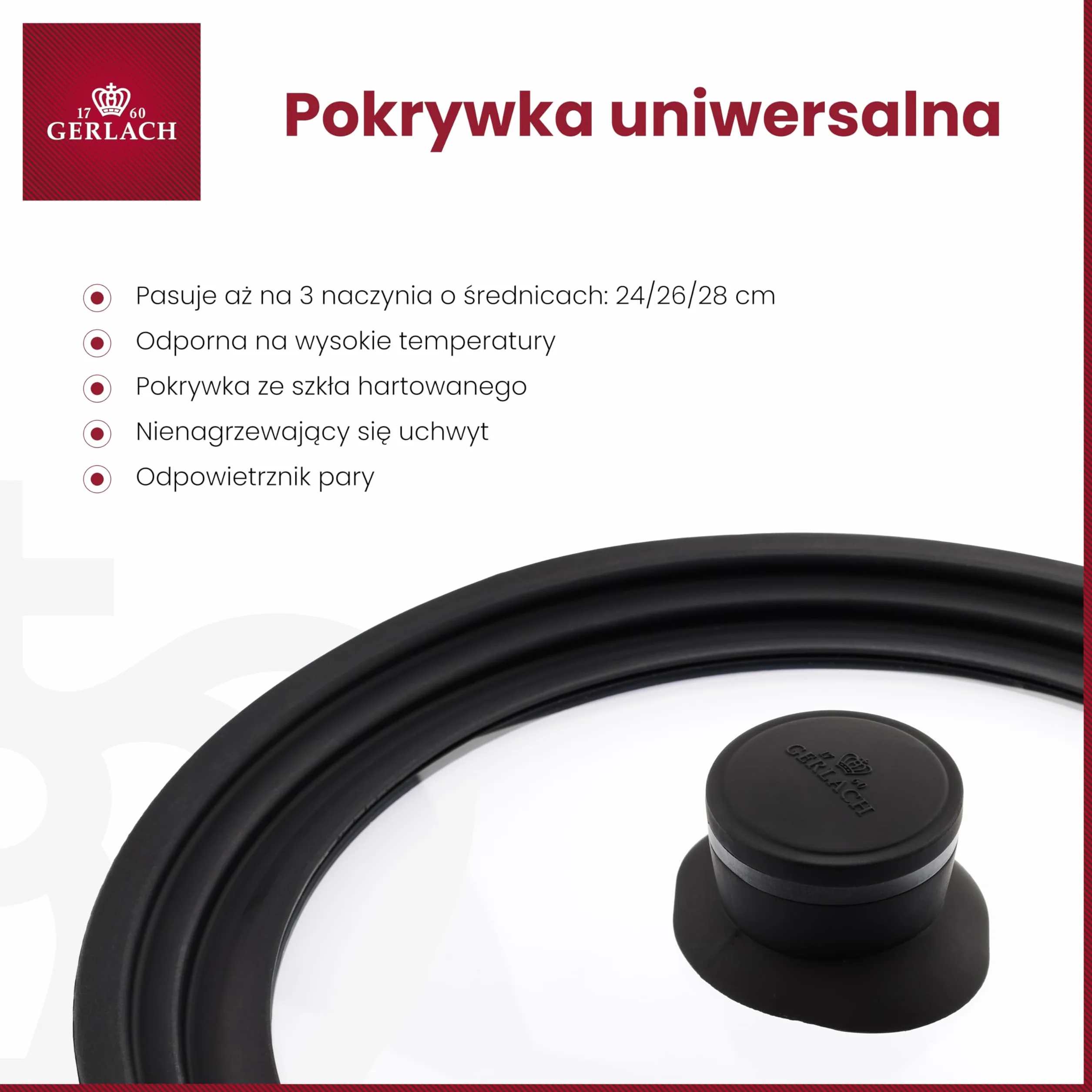 Gerlach Smart Uniwersalna Pokrywka do Garnka i Patelni 24 cm 26 cm 28 cm Szklana
