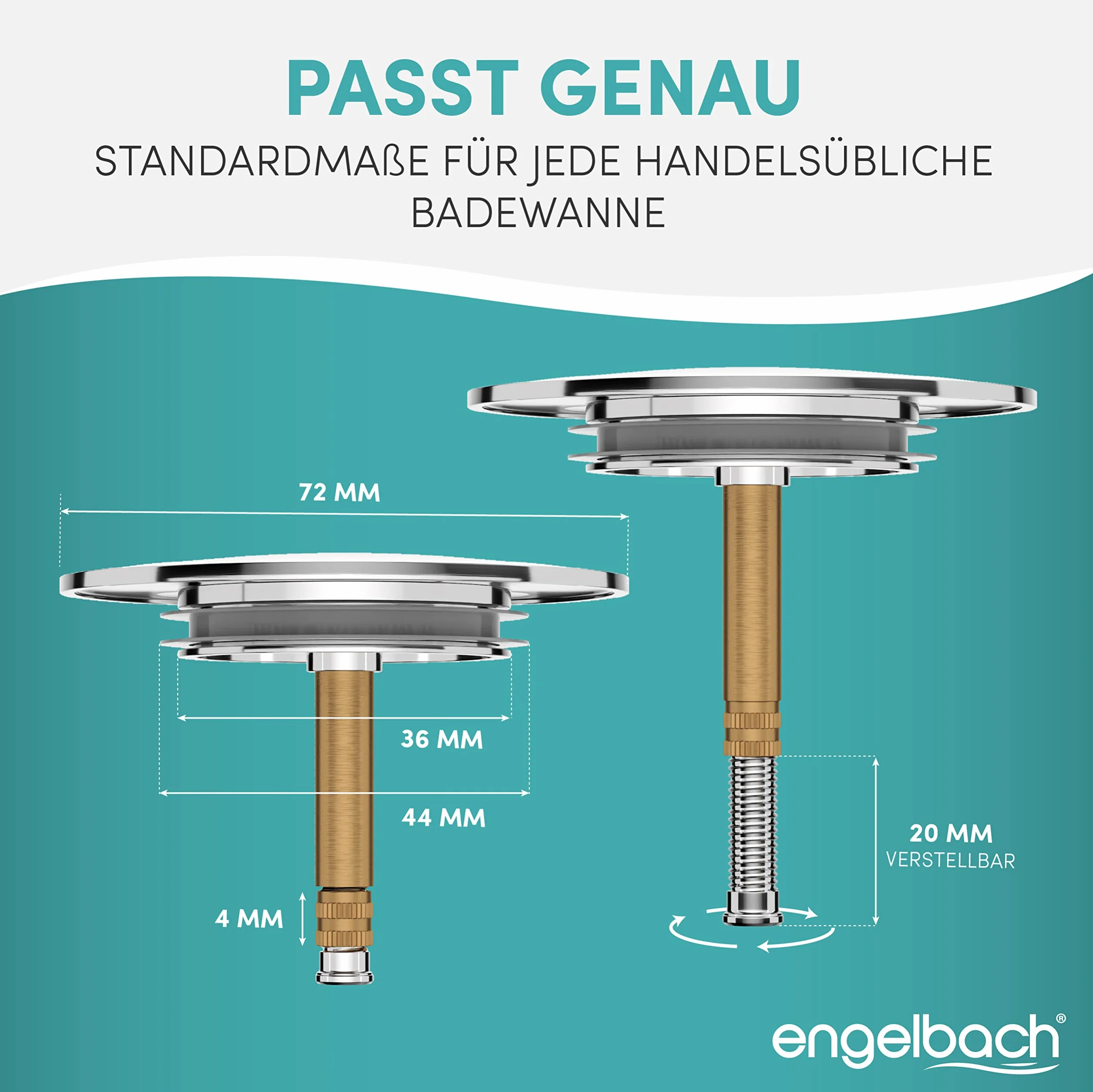 Engelbach® Korek do wanny o uniwersalnym dopasowaniu – korek wannowy nierdzewny – zintegrowana podwójna uszczelka – korek do wanny, Chrom