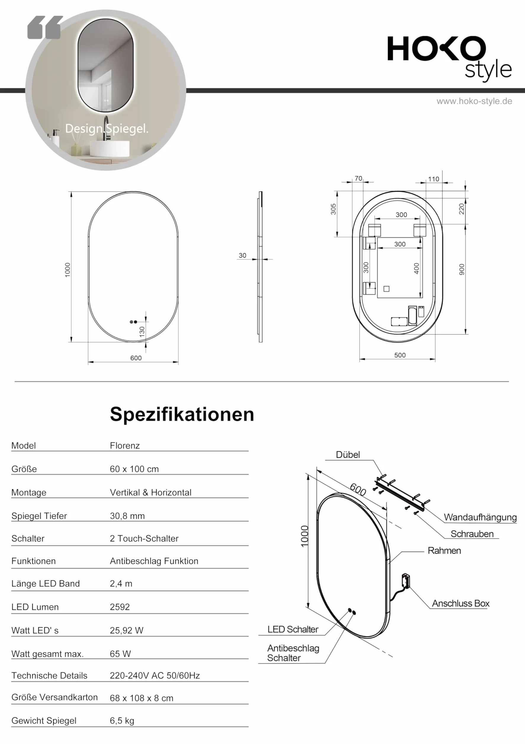 HOKO Designerskie lustro LED przeciwmgielne owalne 60 x 100 cm / 100 x 60 cm Florencja + metalowa rama czarna. Montaż pionowy + poziomy. Lustro łazienkowe duże + 2 przełączniki dotykowe + światło LED
