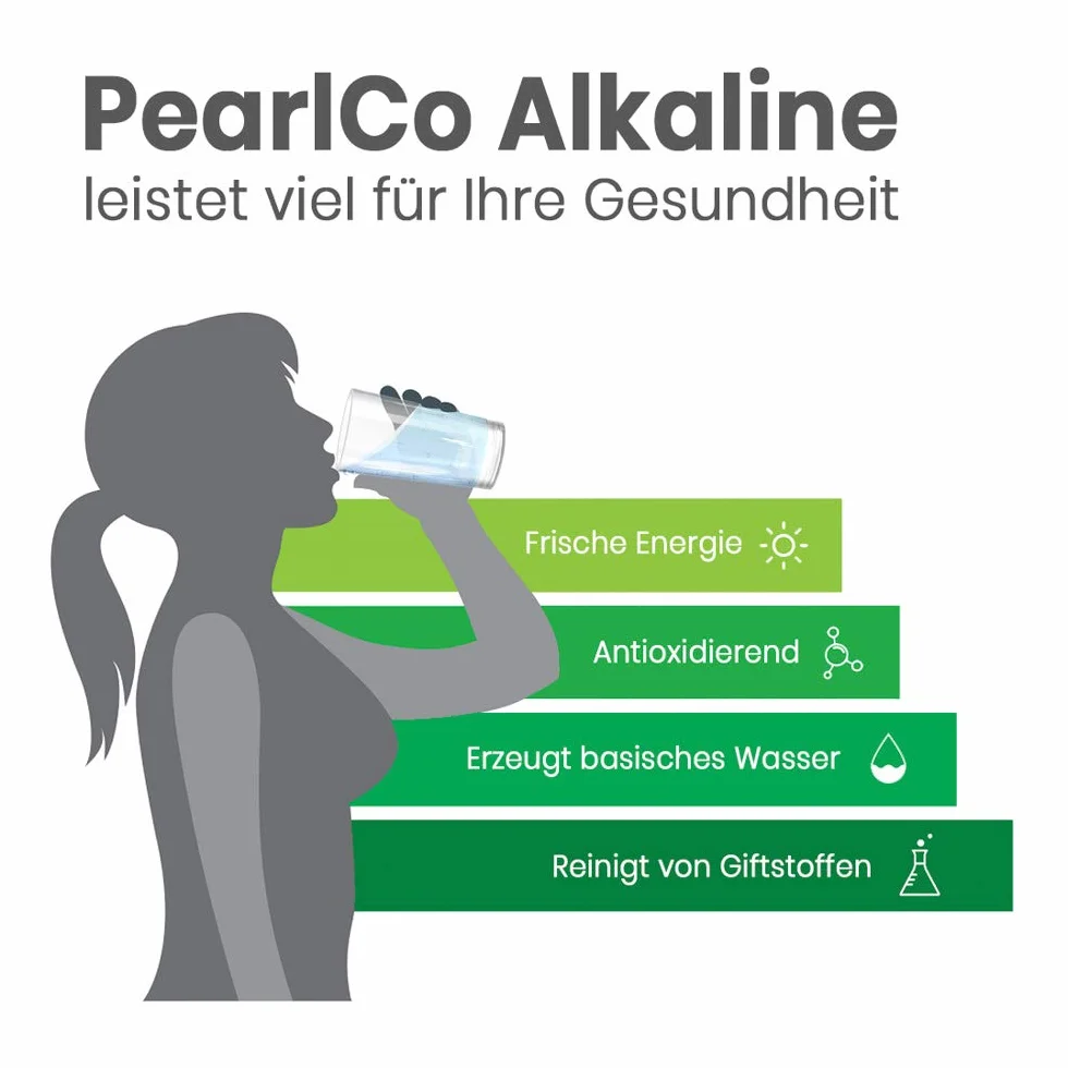 PearlCo - Szklany filtr do wody (biały) z 1 wkładem filtrującym alkalicznym Classic + 1 butelka do picia ze szkła