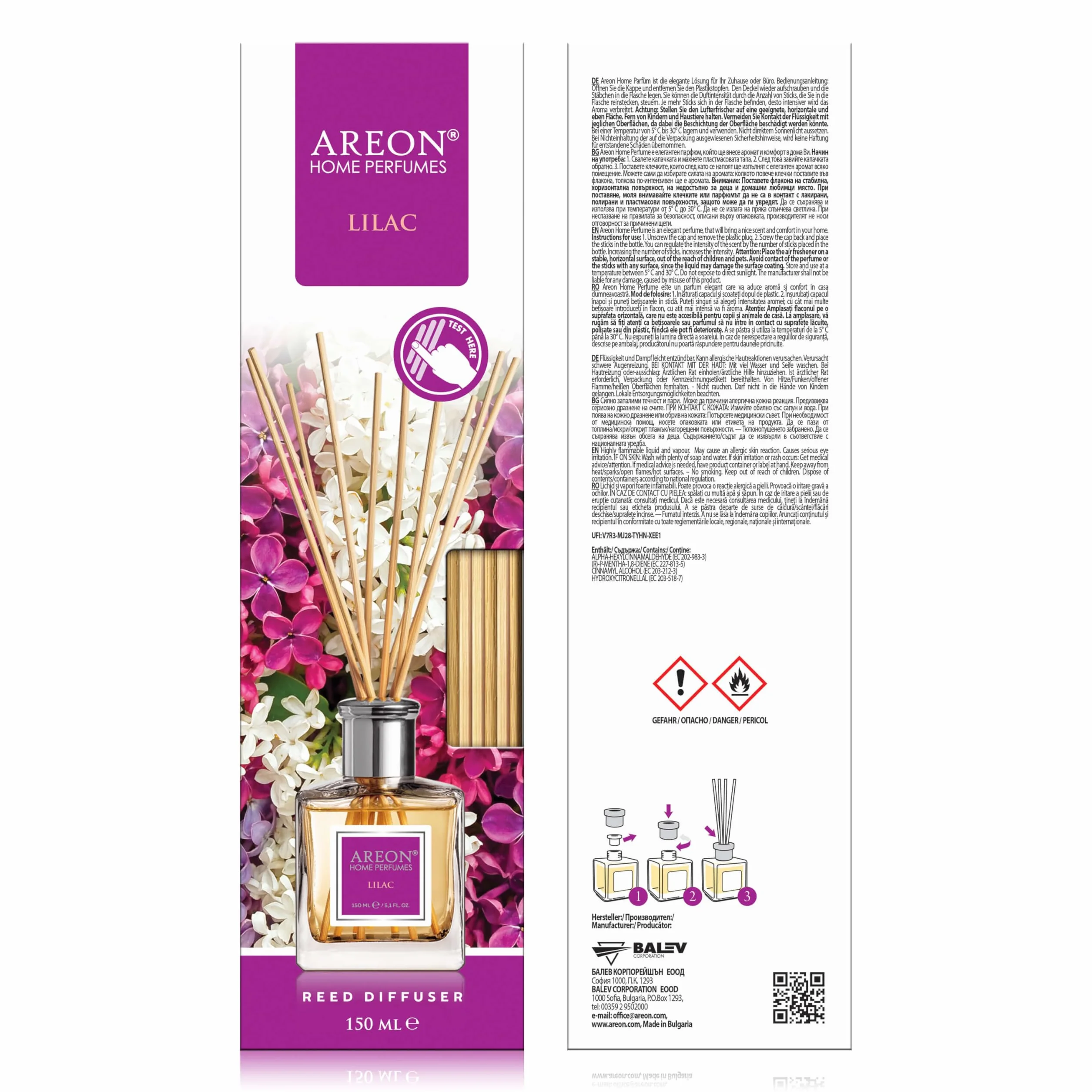 Areon Dyfuzor Reed / Lilac / 150 ml / 1 opakowanie / perfumy do domu lub biura, długotrwały aromat, zestaw do dyfuzora trzcinowego