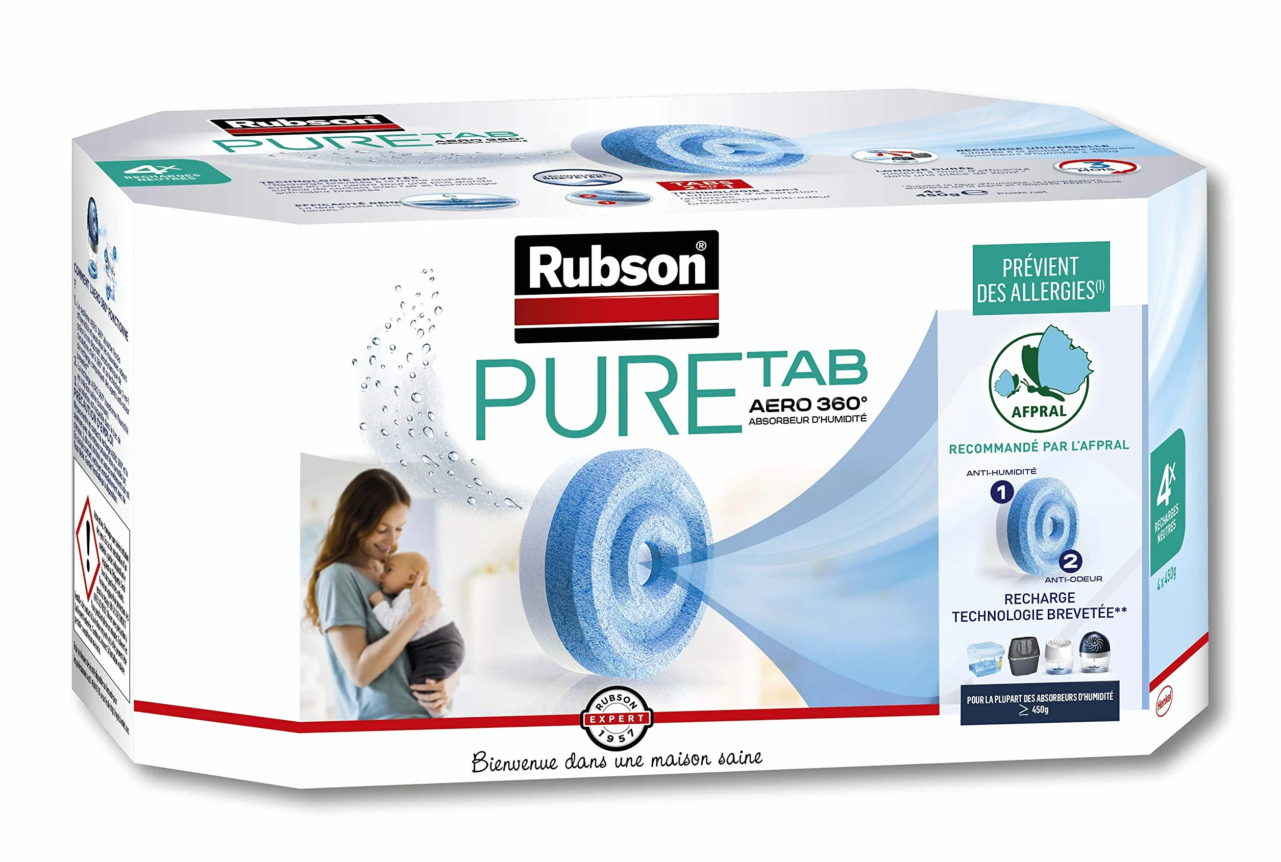 Rubson Pure Tab wkłady do osuszacza AERO 360° (4 x 450 g) - neutralne wkłady zapobiegające wilgoci i zapachom do osuszaczy - zalecane przez AFPRAL