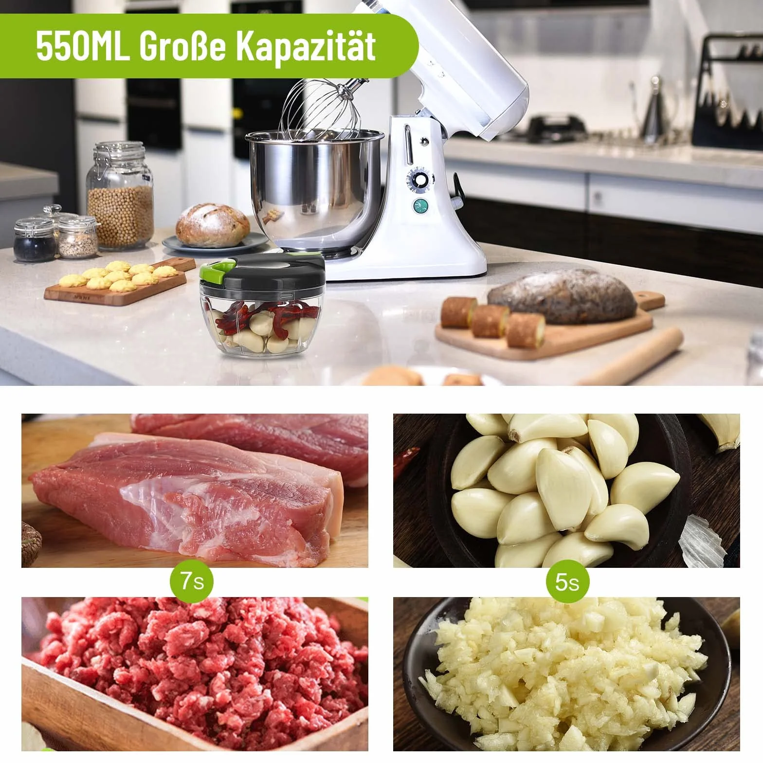 Royouzi Ręczna krajalnica do cebuli, 520 ml, szatkownica do cebuli z linką, wielofunkcyjna szatkownica, uniwersalna siekacz do czosnku, ręczna siekacz do żywności, nóż do cebuli