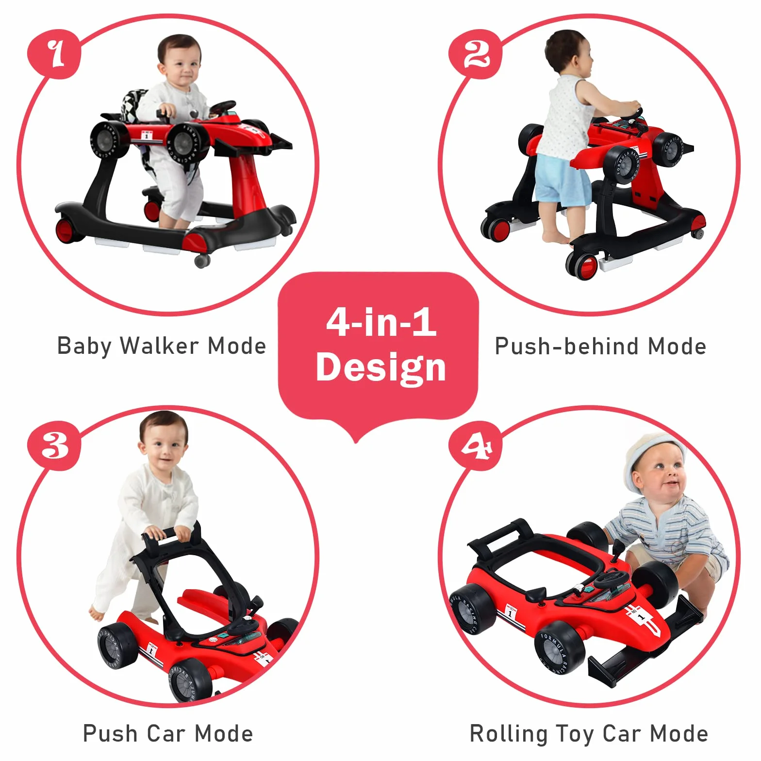 LIFEZEAL 4 w 1 Chodzik dla dzieci, składany i regulowany Babywalker, Chodzik dla dzieci od 6 miesięcy, Chodzik z regulowana prędkością, światłem i muzyką (czerwony)