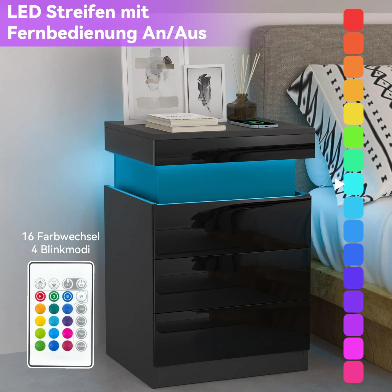 Led-stolik nocny, drewniany led-stolik nocny z 3 szufladami, stólik nocny z ładowarka, wysokopołyskowny stolik nocny ze schowkiem, stolik nocny (2, czarny)